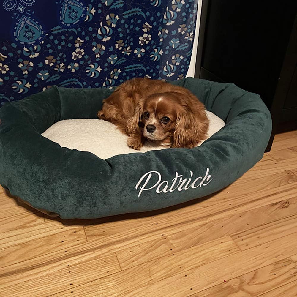 Majestic Pet Personalized Bagel Dog Bed - Machine Washable - Soft Comfortable Sleeping Mat - Durable Supportive Cushion Custom Embroidered - Available Replacement Covers - Small Blue Green