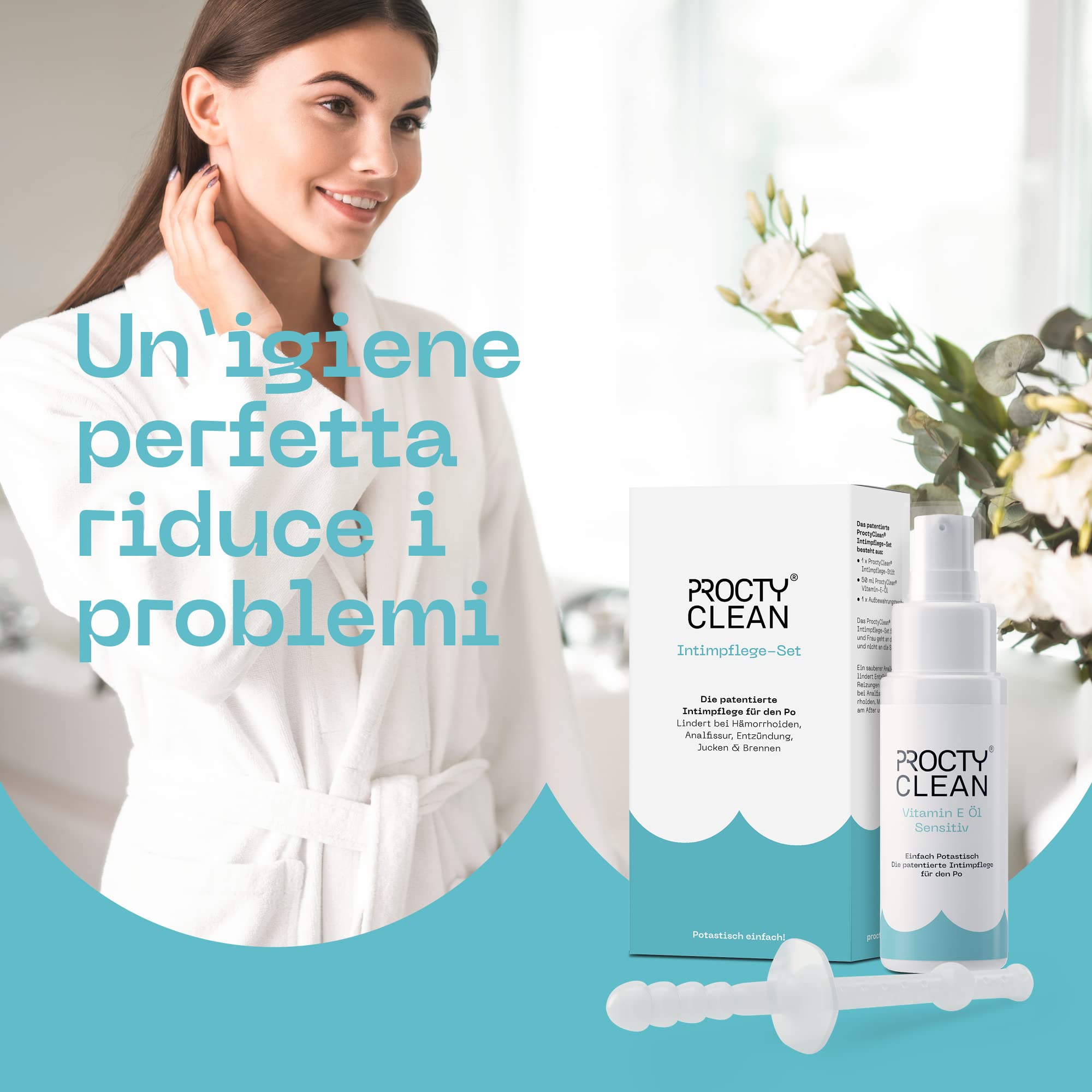 ProctyClean Kit per l'igiene intima del sedere. Brevettato! Aiuto rapido attraverso l'igiene intima. Soprattutto in caso di emorroidi, ragadi anali, prurito e bruciore. Per donne e uomini. | Brevettato, Aiuto rapido attraverso l'igiene intima. Soprattutto