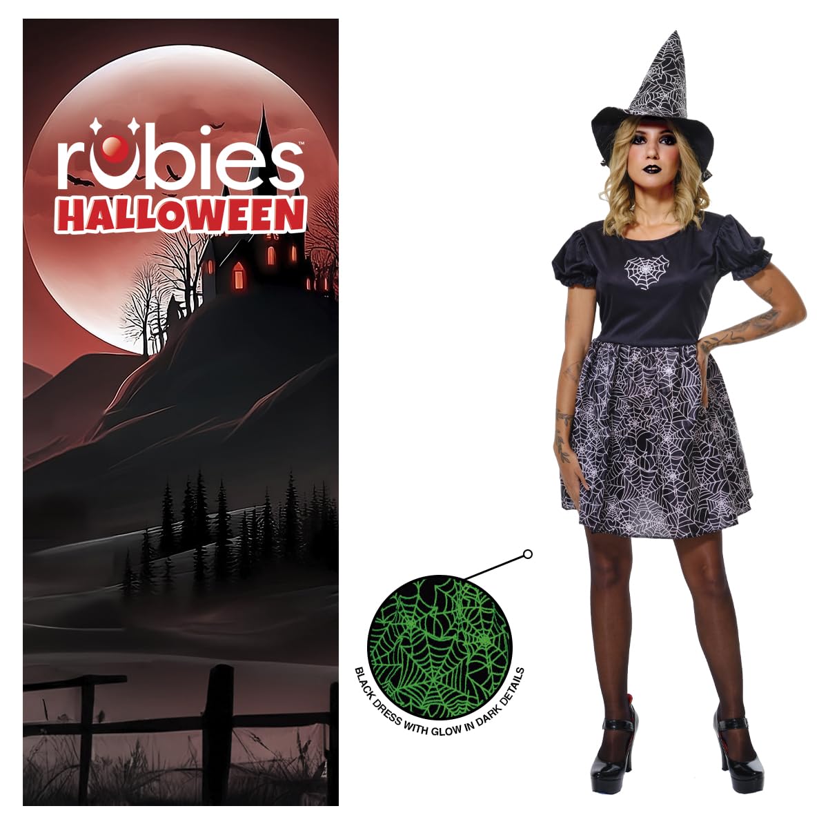 RUBIES Costume Strega Spiderweb Glow in Dark per donna, Vestito e capello, Ufficiale Rubies per Halloween, Carnevale, Feste e cosplay