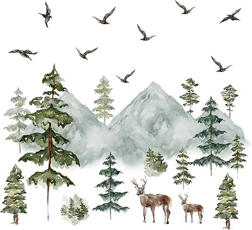 Calcomanías de pared de montaña, calcomanías de pared de pino grande, calcomanías de pared de árboles de bosque, ciervos, pájaros, bosques,