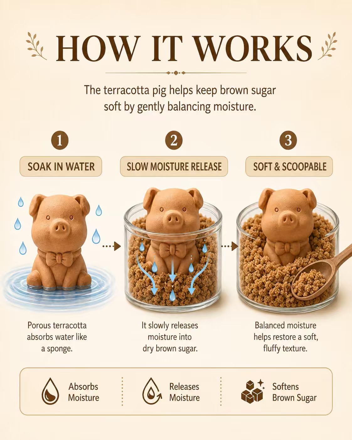 Terracotta Brown Sugar Keeper – Pig Shaped Sugar Saver, Natural Clay Moisture Holder for Baking Essentials Like Cookies, Marshmallows & Herbs – Reusable Kitchen Freshness Solution (Set of 1)