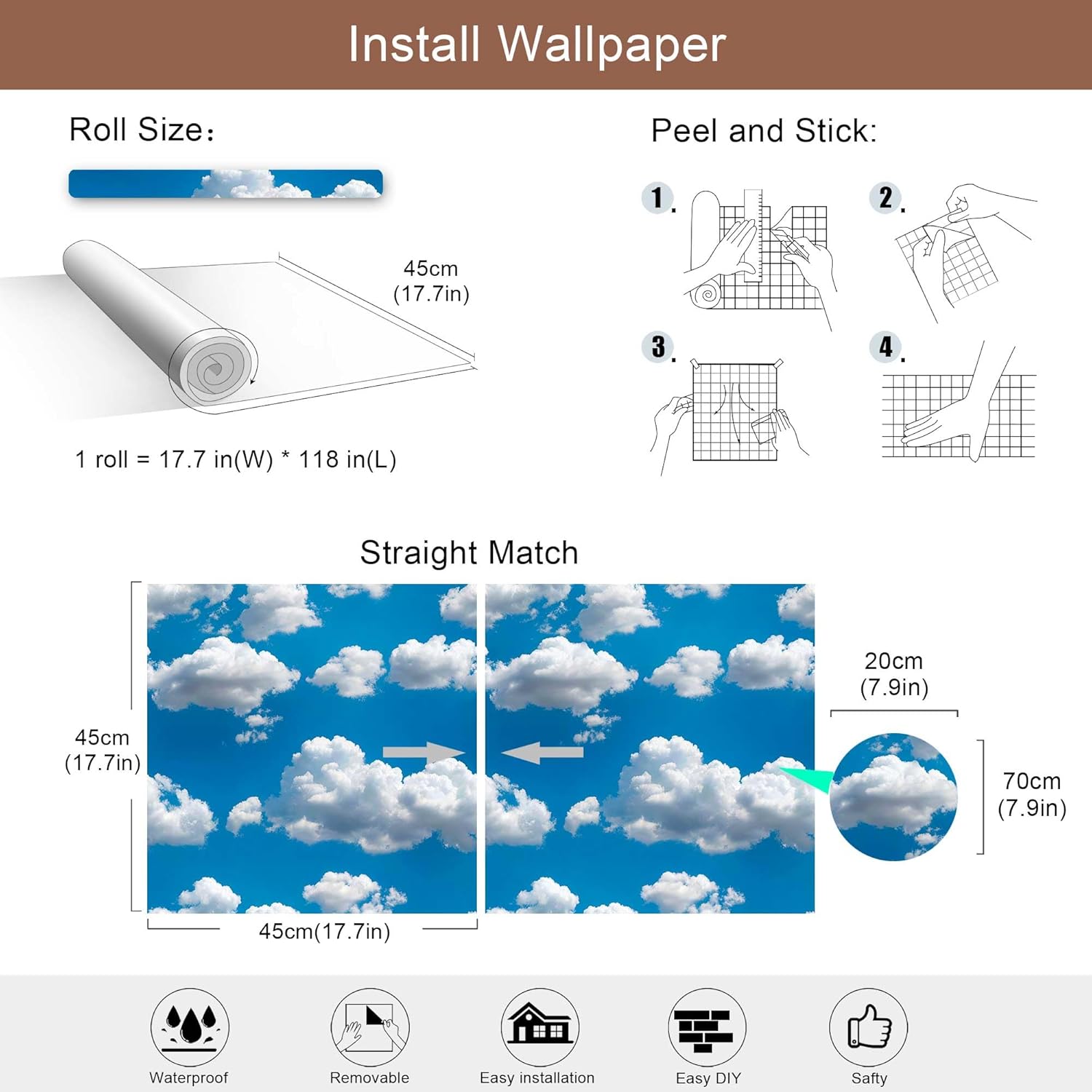 Cloud Peel and Stick Wallpaper, Blue Sky Wallpaper for Home Decor | Self-Adhesive, Waterproof Vinyl, 17.7" x 118"