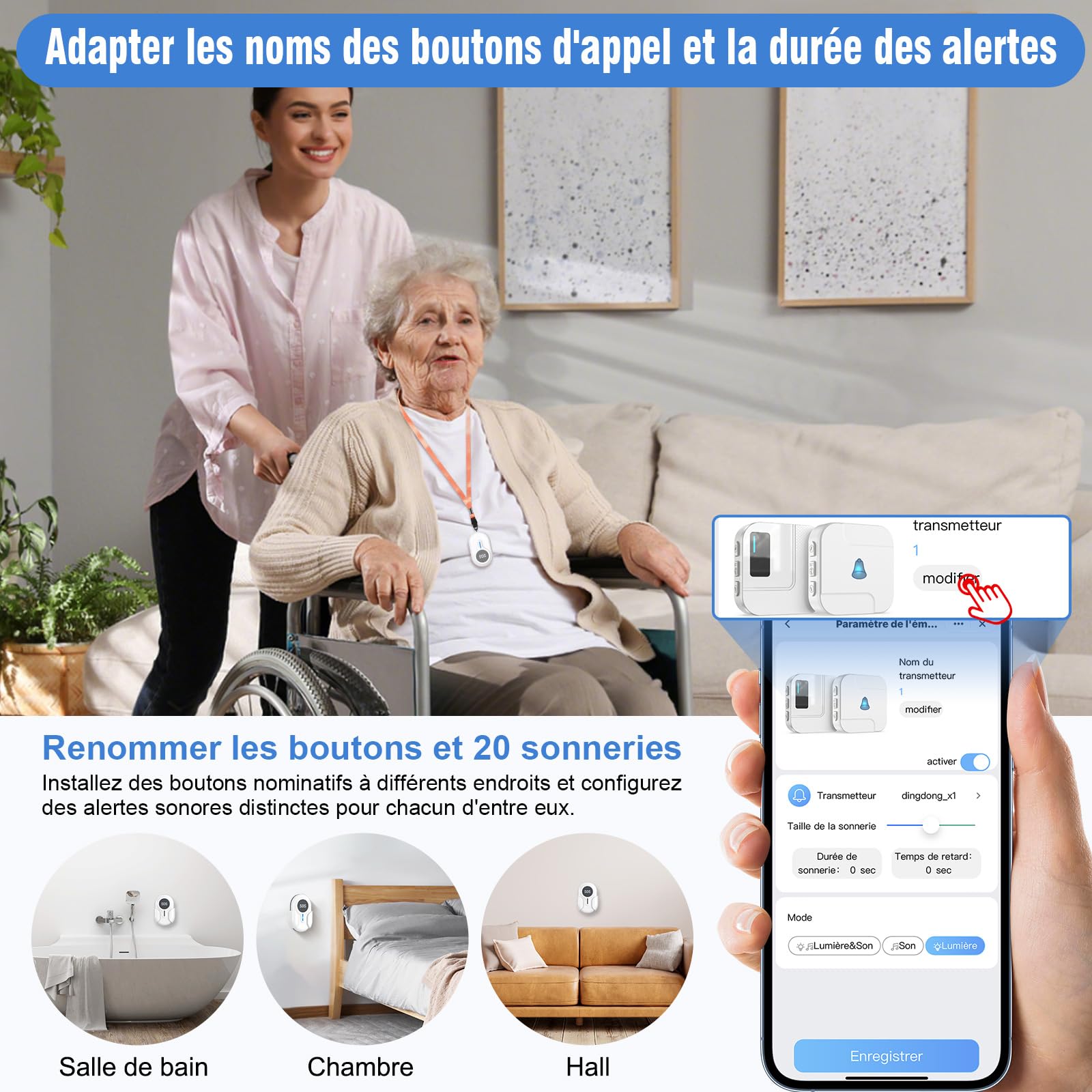 Daytech WiFi Tuya Intelligent Bracelet Alarme Personne Agee,Bouton Alarme Personne Agee,A Utiliser Lorsque Les Personnes âgées Ont Besoin d'aide (Blanc 2-1, 2 émetteurs + 1 récepteur)