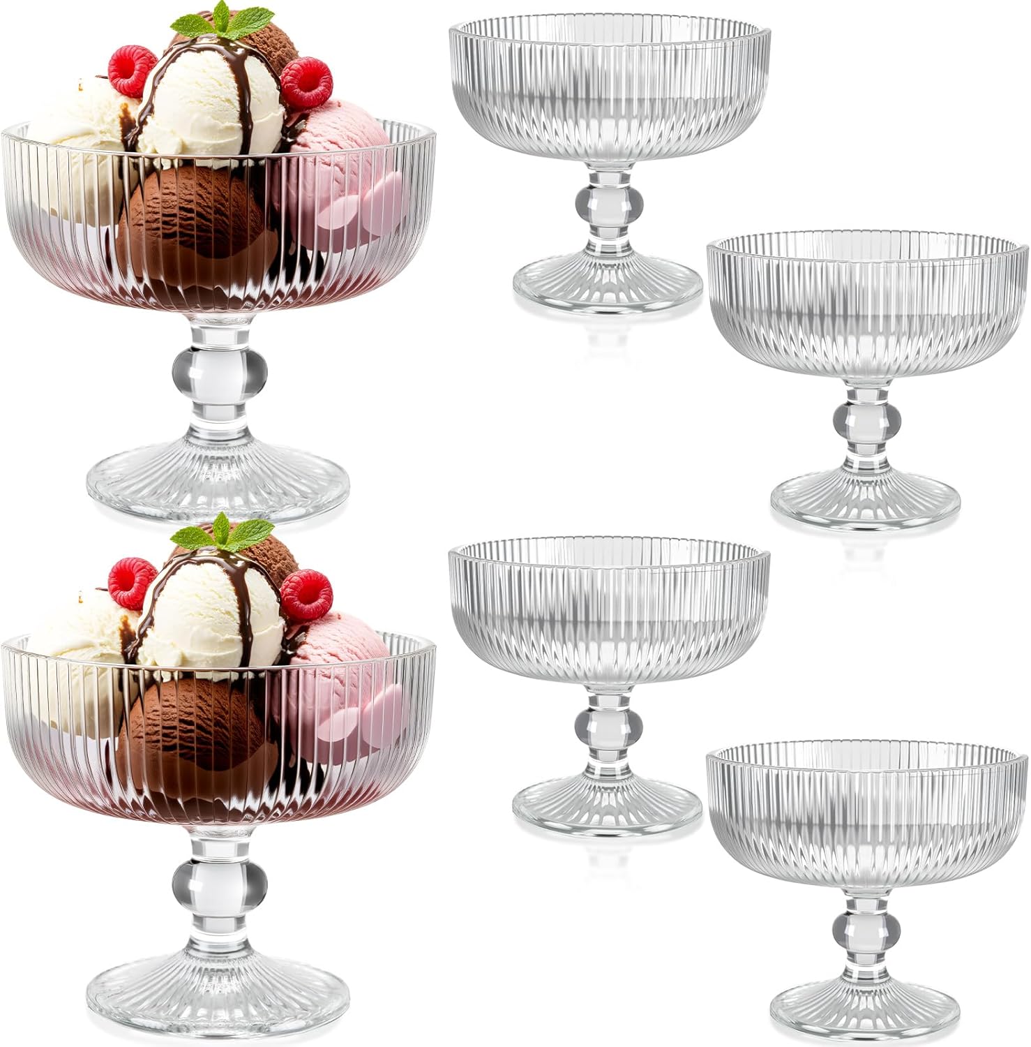 Vesici 6 Pcs Vintage Glass Dessert Bowls 9 oz Ice Cream Cups Trifle Pedestal Bowl Vintage Strips Embossed Glass Dishes for Candy Fruit Salad for Home Party Wedding(Clear)