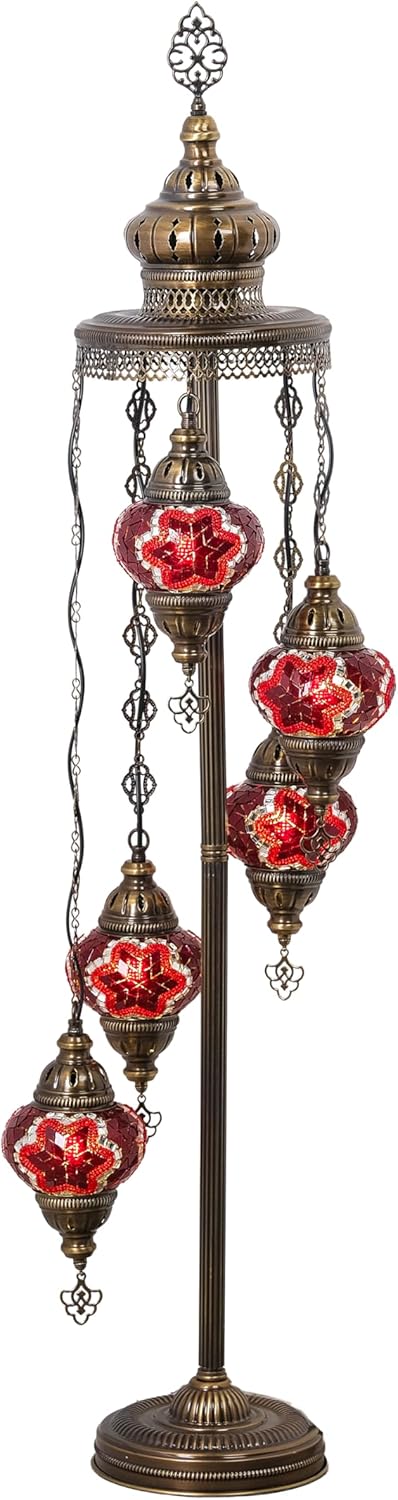 Mozaist Turkish Mosaic Floor Lamp with Bulbs – Handmade Multi Globe Moroccan Standing Lamp, Authentic Stained Glass Light, Bohemian Home Decor (Red, 5 Globe Floor Lamp)