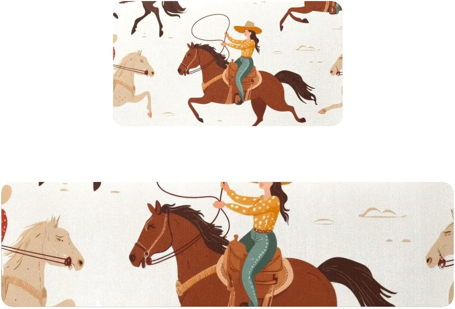 Kitchen Rugs Cushioned Anti Fatigue Set of 2, Western Wild Cowboy Caps Pattern Vintage Absorbent Runner Rugs for Kitchen Floor Mats, Non Slip, Washable