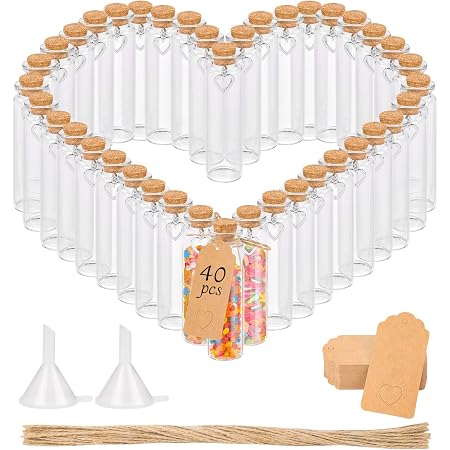WeddingTree Lot 60 Petites Bouteilles En Verre 11ml Avec Bouchons Liège Et Pendentifs Coeur - Idéal Mariage Et Dragées