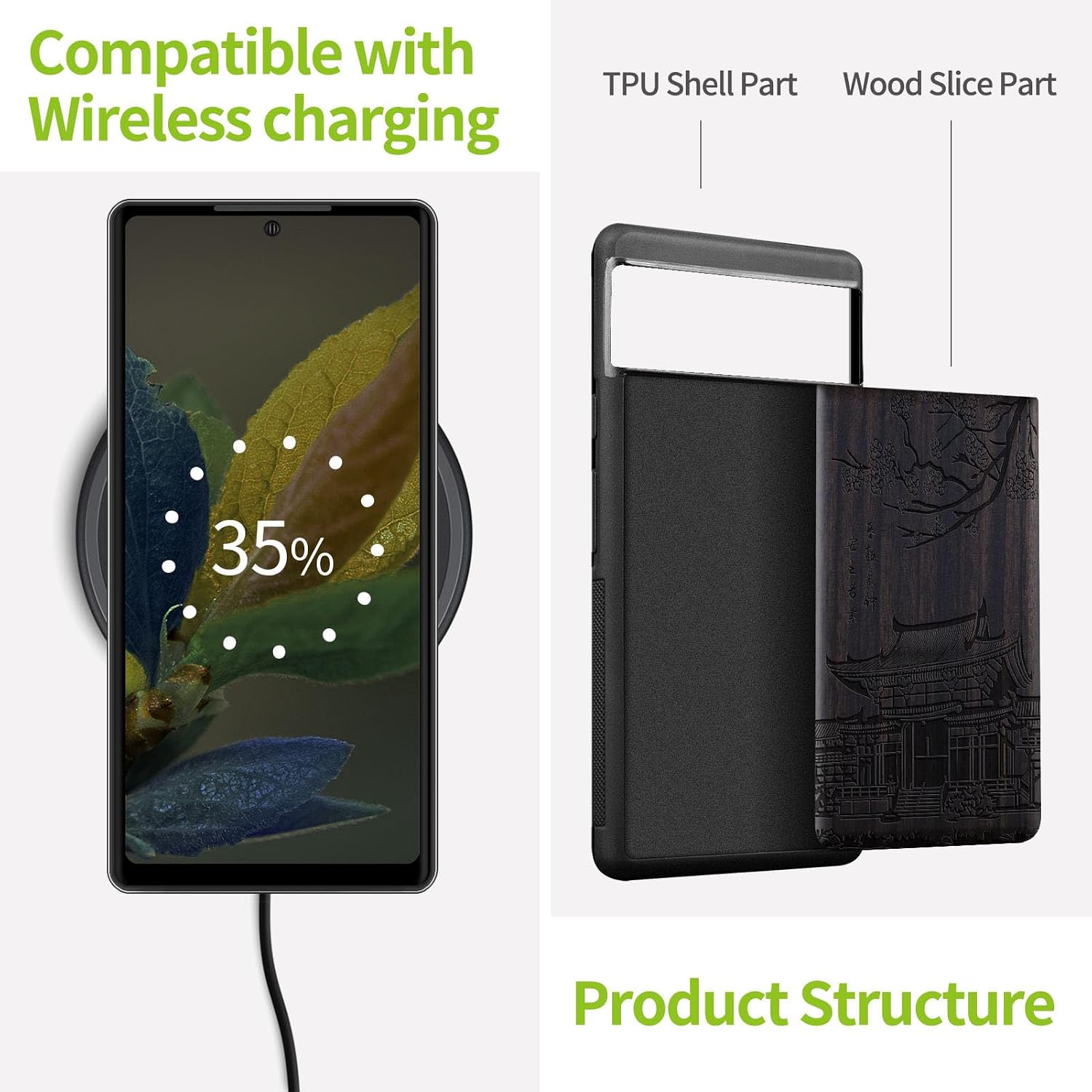 Carveit Wood Case for Pixel 8a Case [Natural Wood & Black Soft TPU] Shockproof Protective Unique Wooden Cover Compatible with Google Pixel 8a (Traditional Temple-Blackwood)