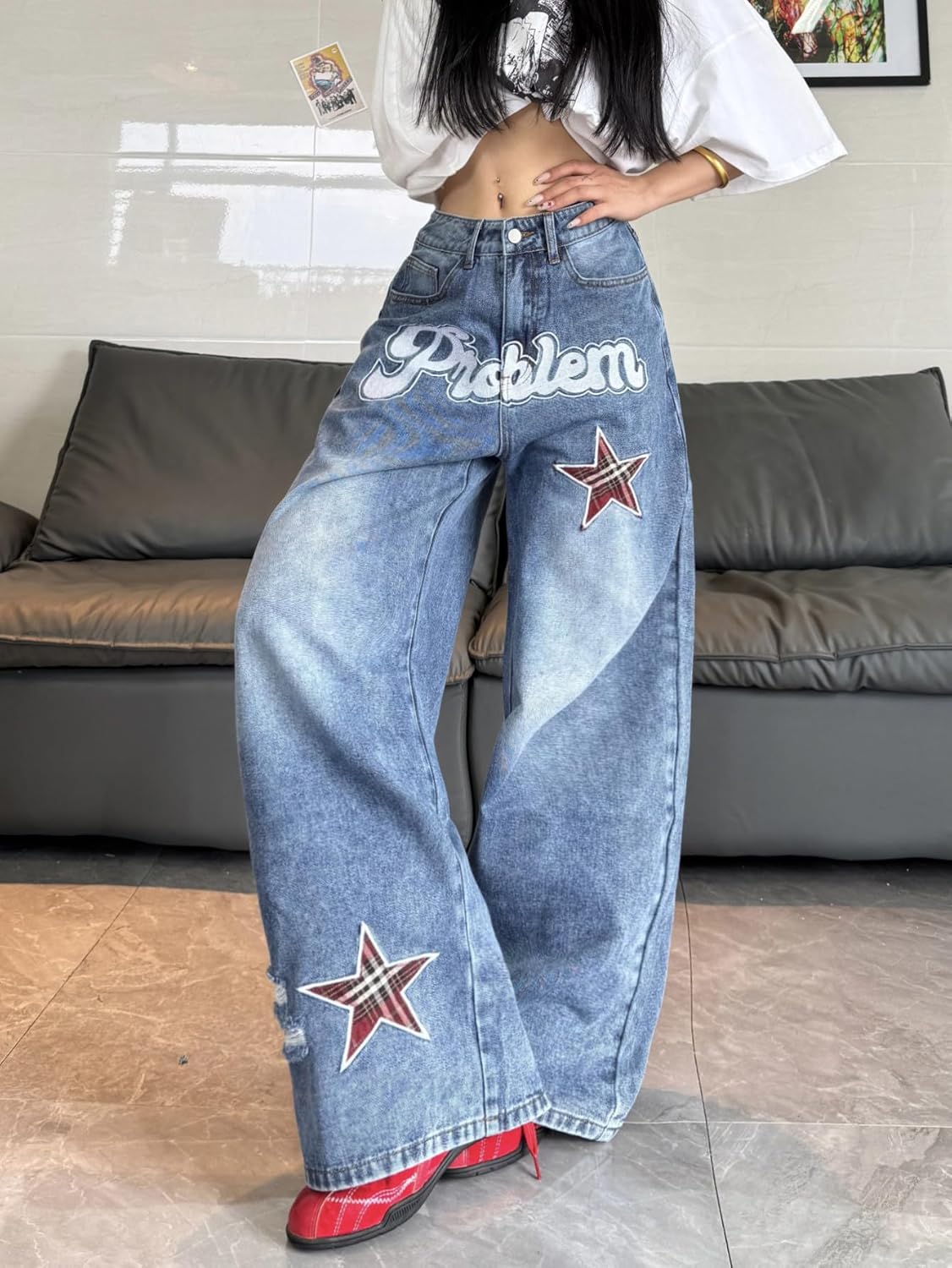 Women's Baggy Jeans Embroidered Wide Leg Jeans Y2k Hip Hop Loose Fit Denim Pants Skater - Image 3