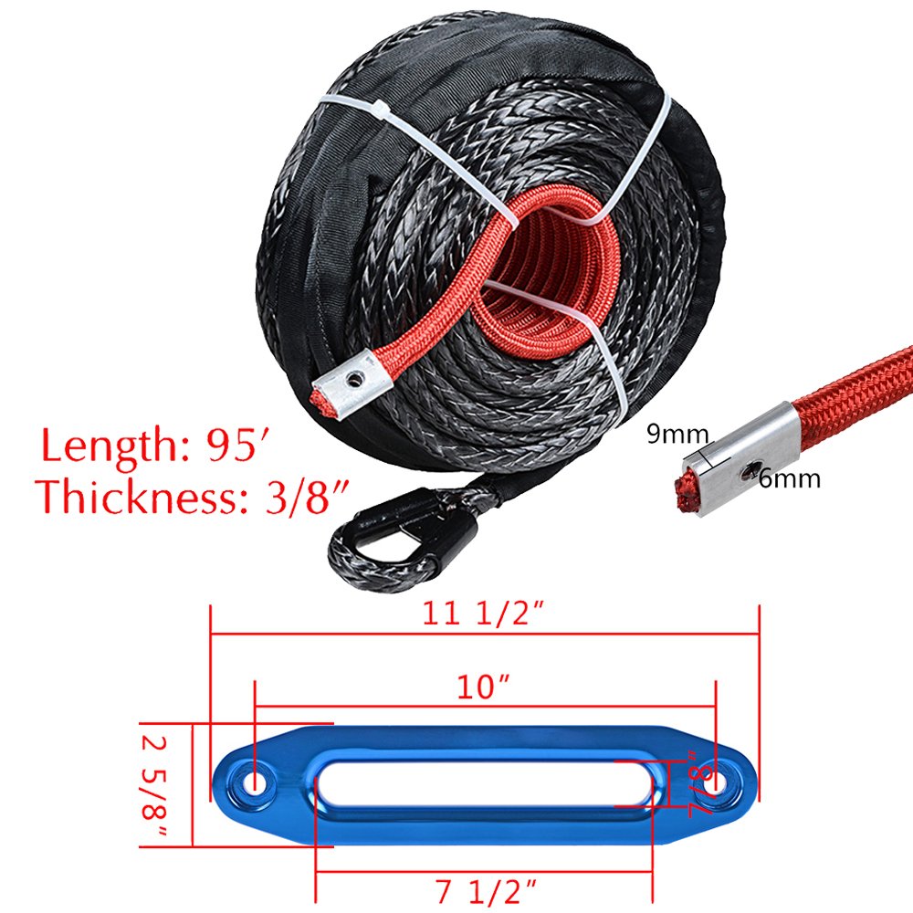 amopacorp 95 feet 3/8 inch 20500lbs Synthetic Winch Rope with Protective Sleeve and 10 inch CNC Machine Aluminum Anodized Blue Hawse Fairlead