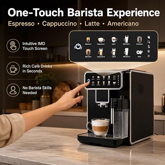 Fully Automatic Espresso Machine with Grinder, Bean to Cup Coffee Machine with One-Touch Cappuccino, Latte & Americano, Superautomatic Espresso Maker with Self-Cleaning for Home Office