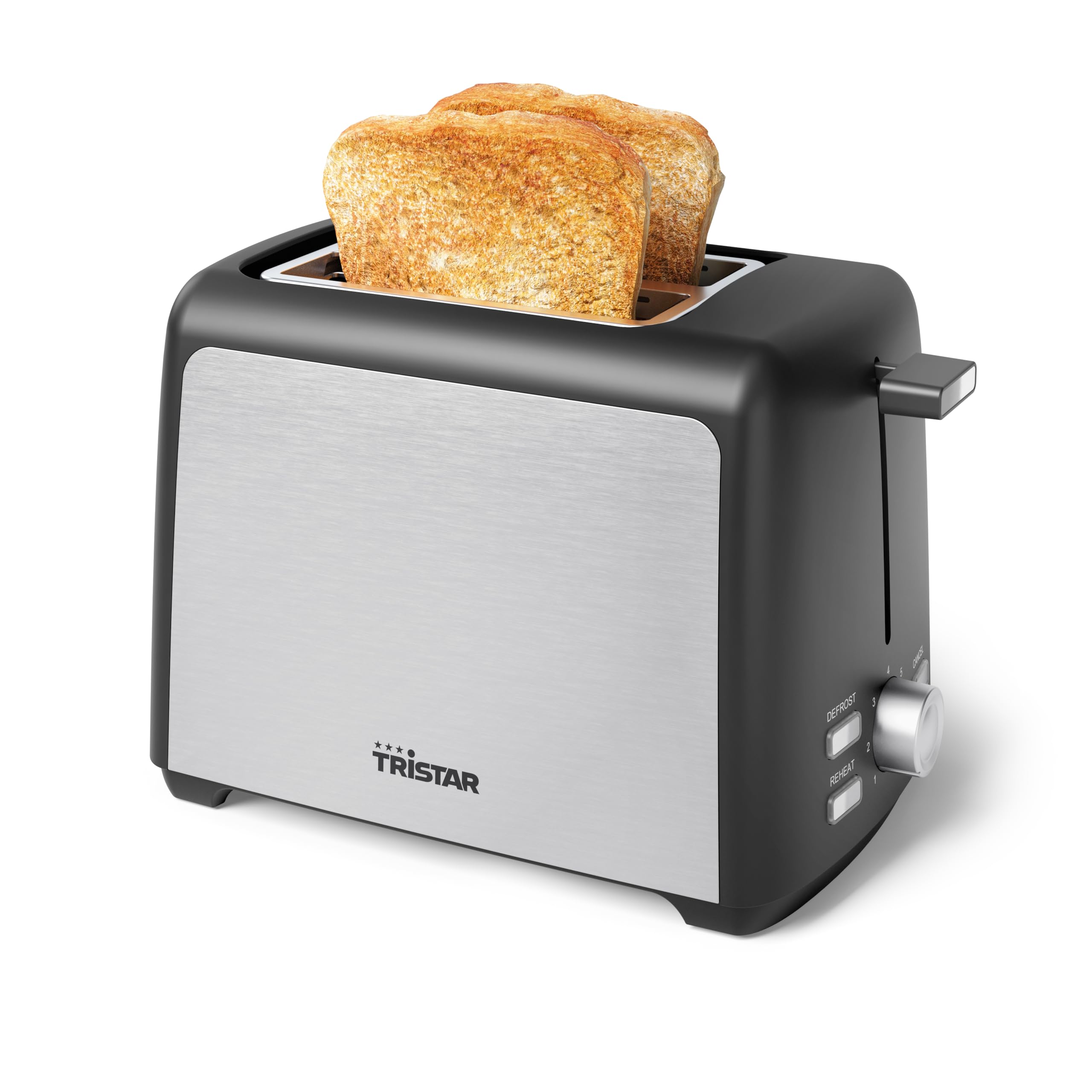 Tristar Edelstahlstahl-Toaster, 2 Scheiben Kapazität, 800W, 7 Bräunungsstufen, Auftauen- und Aufwärmfunktion, Automatische Abschaltung, Leicht zu Reinigen, Abnehmbare Krümelschublade, BR-1058