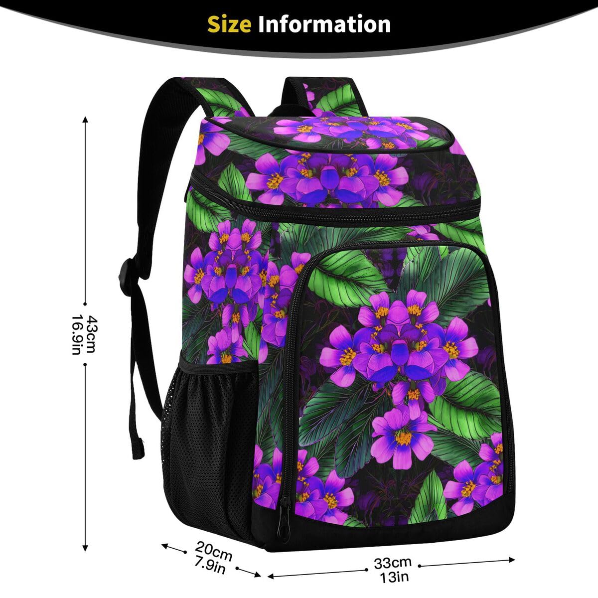 Flower Foliage Dark Purple Cooler Backpack Leakproof Insulated Lunch Cooler Bag 30 Cans Camping Backpacks for Road Trip Beach Picnic