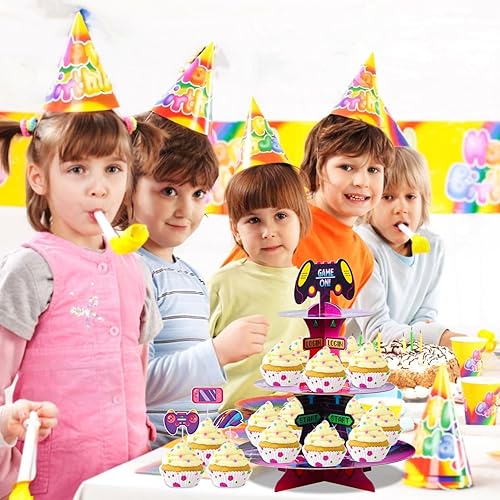 Miniatura 6 de Soporte de 3 niveles para cupcakes de videojuegos para 24 cupcakes temáticos de juegos, cartón, postre, torre para decoración de fiesta nocturna de