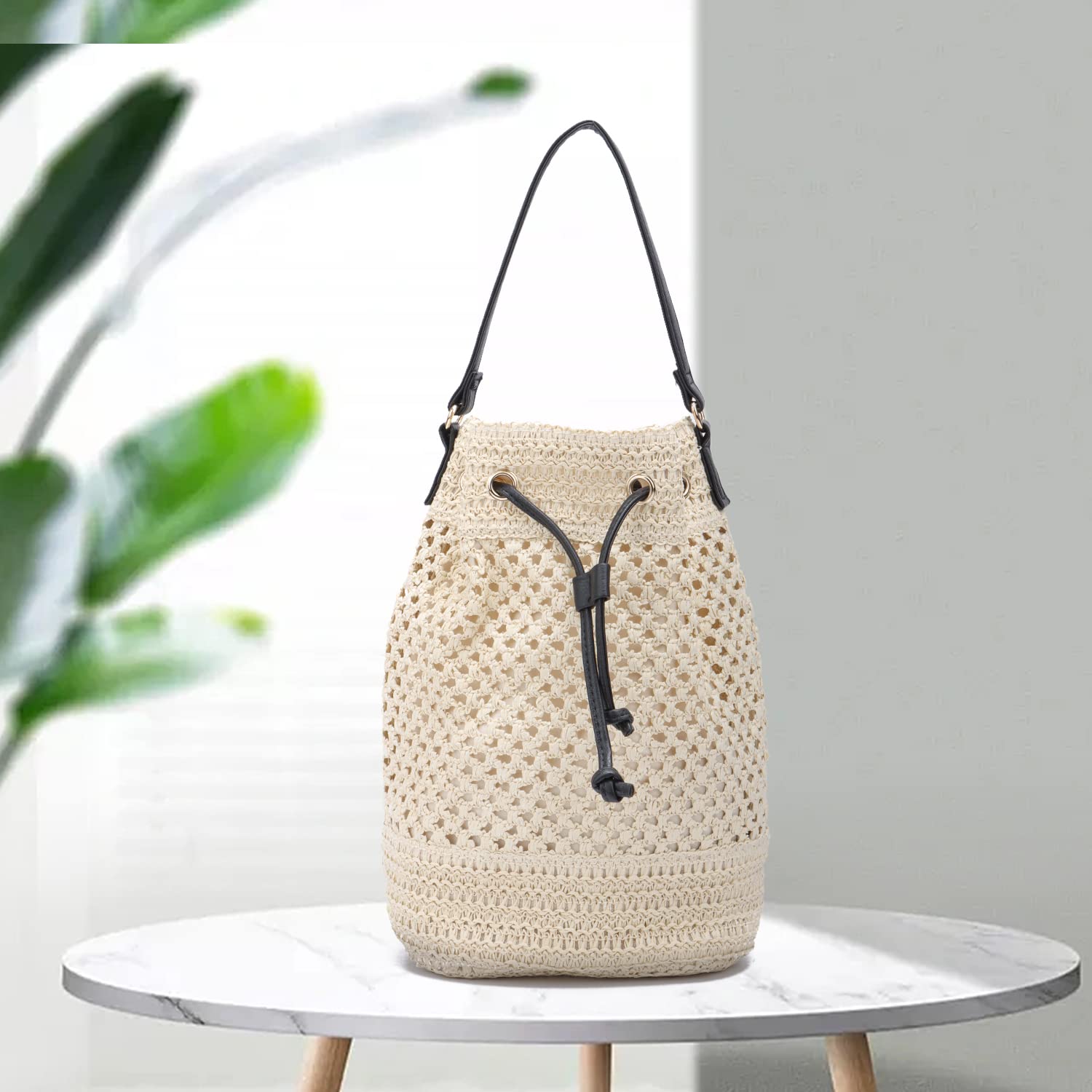 EVEOUT Sacs bandoulière Rétro Tissés Paille Femme Été Style bohème Grand Cabas Sacs portés épaule paille plage