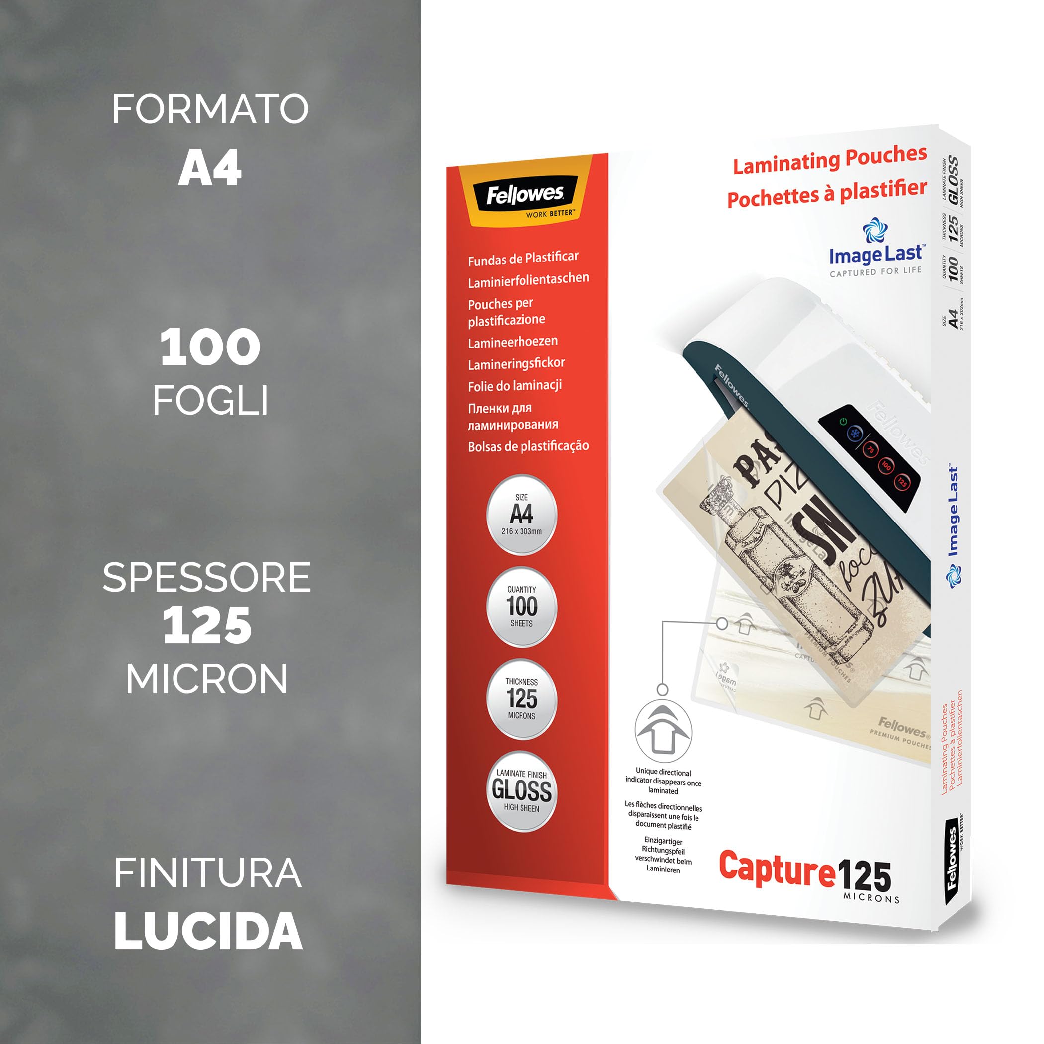 Buste Per Plastificazione Fellowes A4 | Spessore Sottile, Finitura Lucida, 500 Fogli