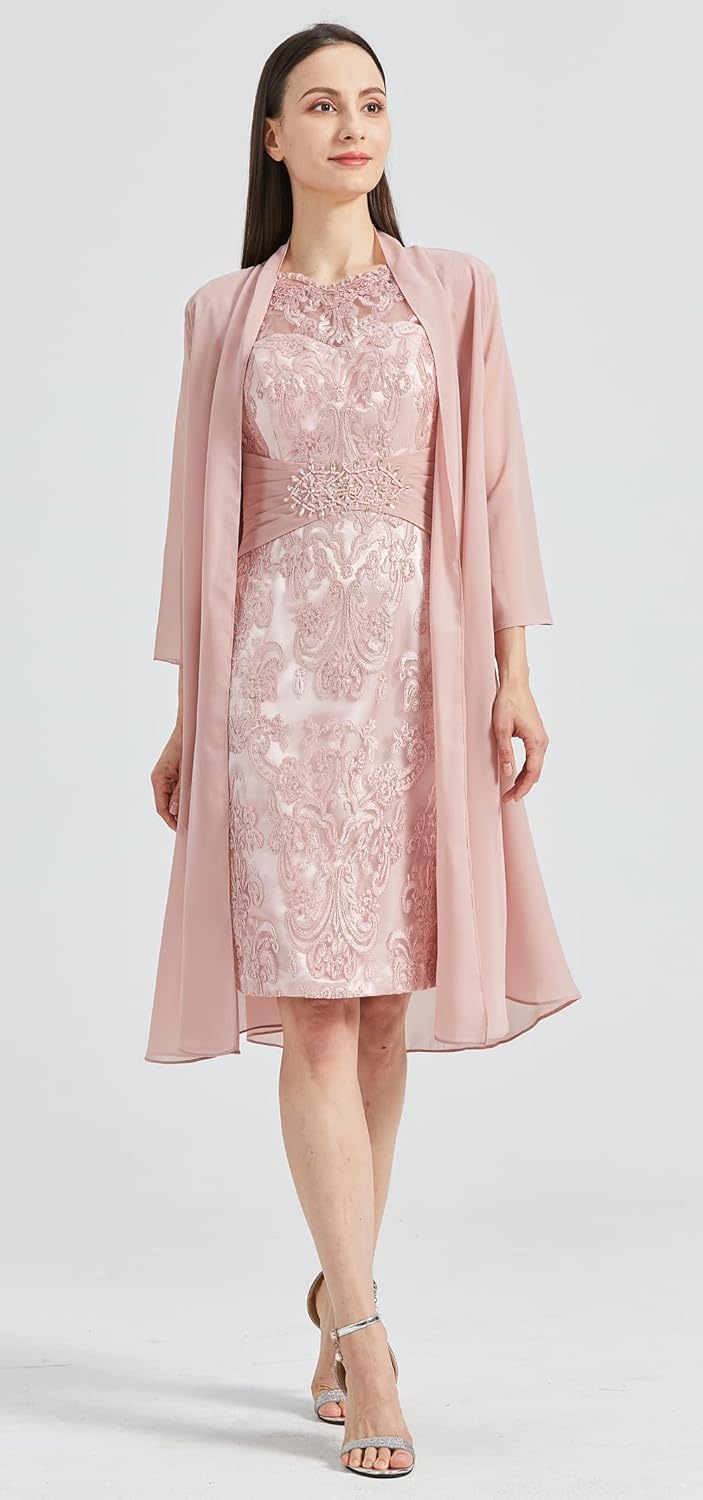 Short Mother of The Bride Dresses for Women 2 Pieces Formal Dress with Jacket Lace Appliques Evening Gown