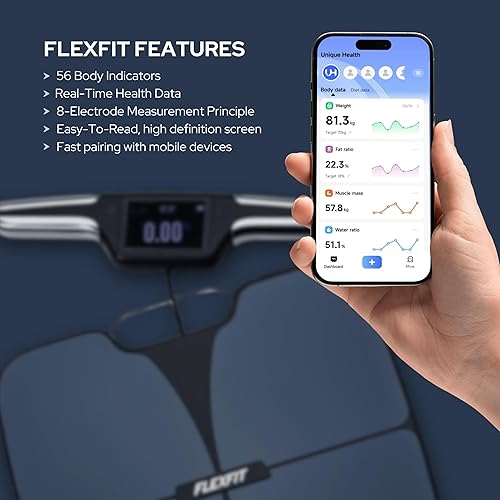 Miniatura 3 de FlexFit Báscula para peso corporal y porcentaje de grasa, 8 electrodos, escala digital de alta precisión, medición precisa de 56 indicadores