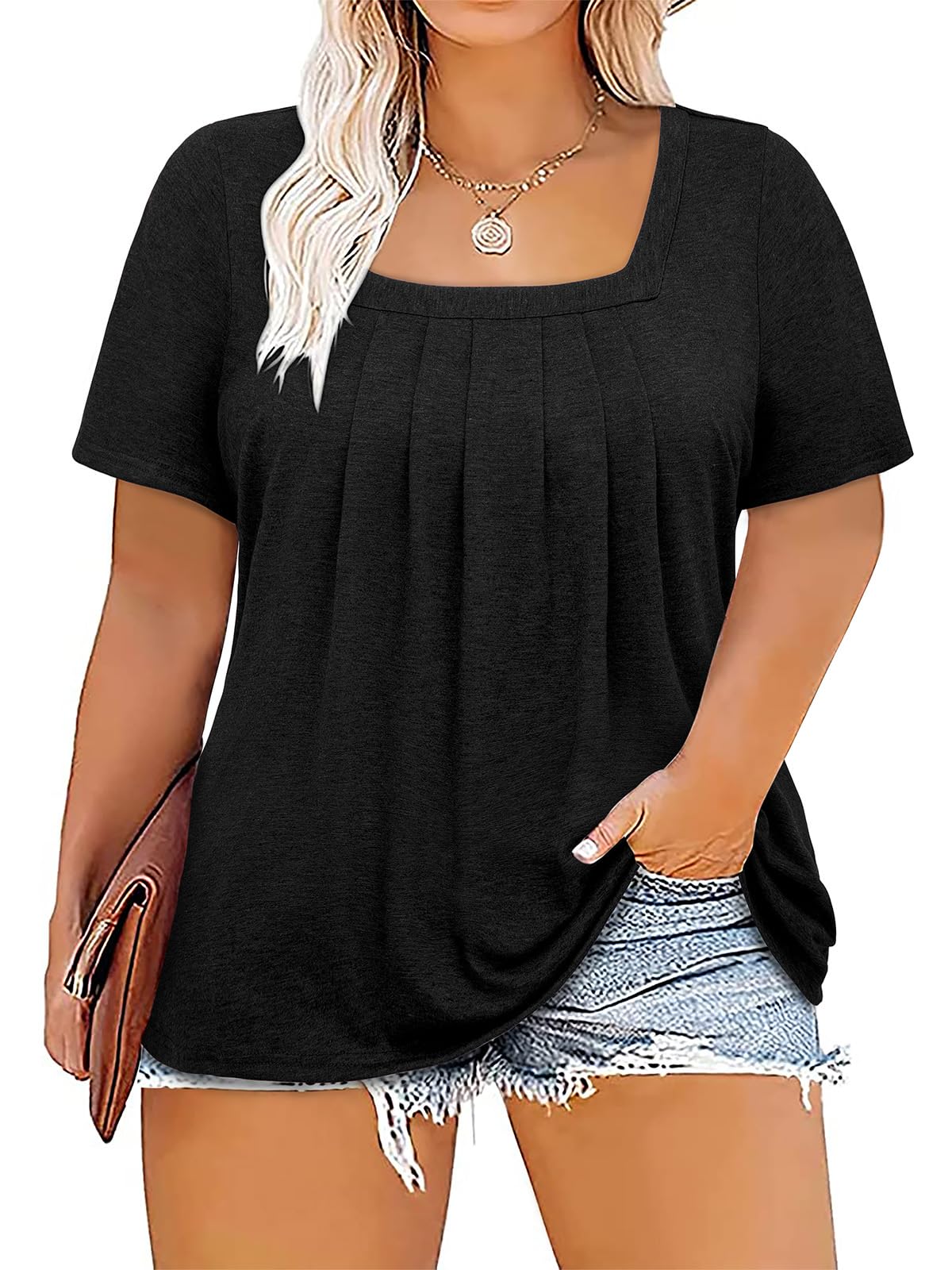Siddhe Women's Plus Size Square Neck Tunic - Loose Fit Short Sleeve Top For Summer (65% Polyester, 30% Cotton, 5% Spandex)