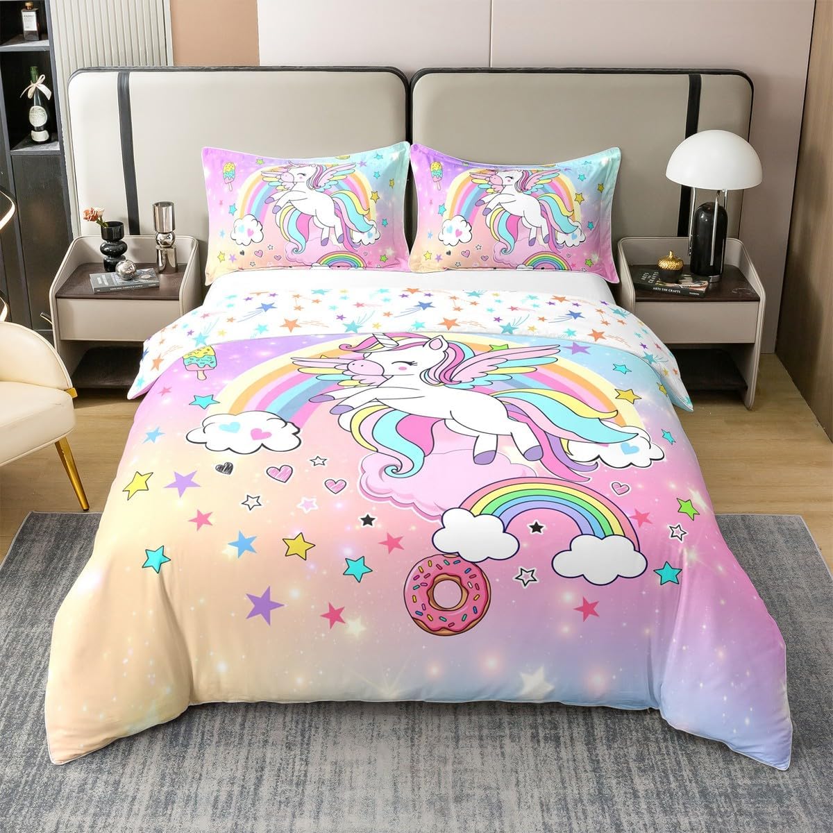 Cartoon Unicron 100% Cotton Duvet Cover Cute Gorgeous Wild Animal Dreamy Bedding Set for Kids Girls Teens Colorful Rainbow Stars Glitter Gradient Comforter Cover with 1 Pillowcase(No Comforter)Twin
