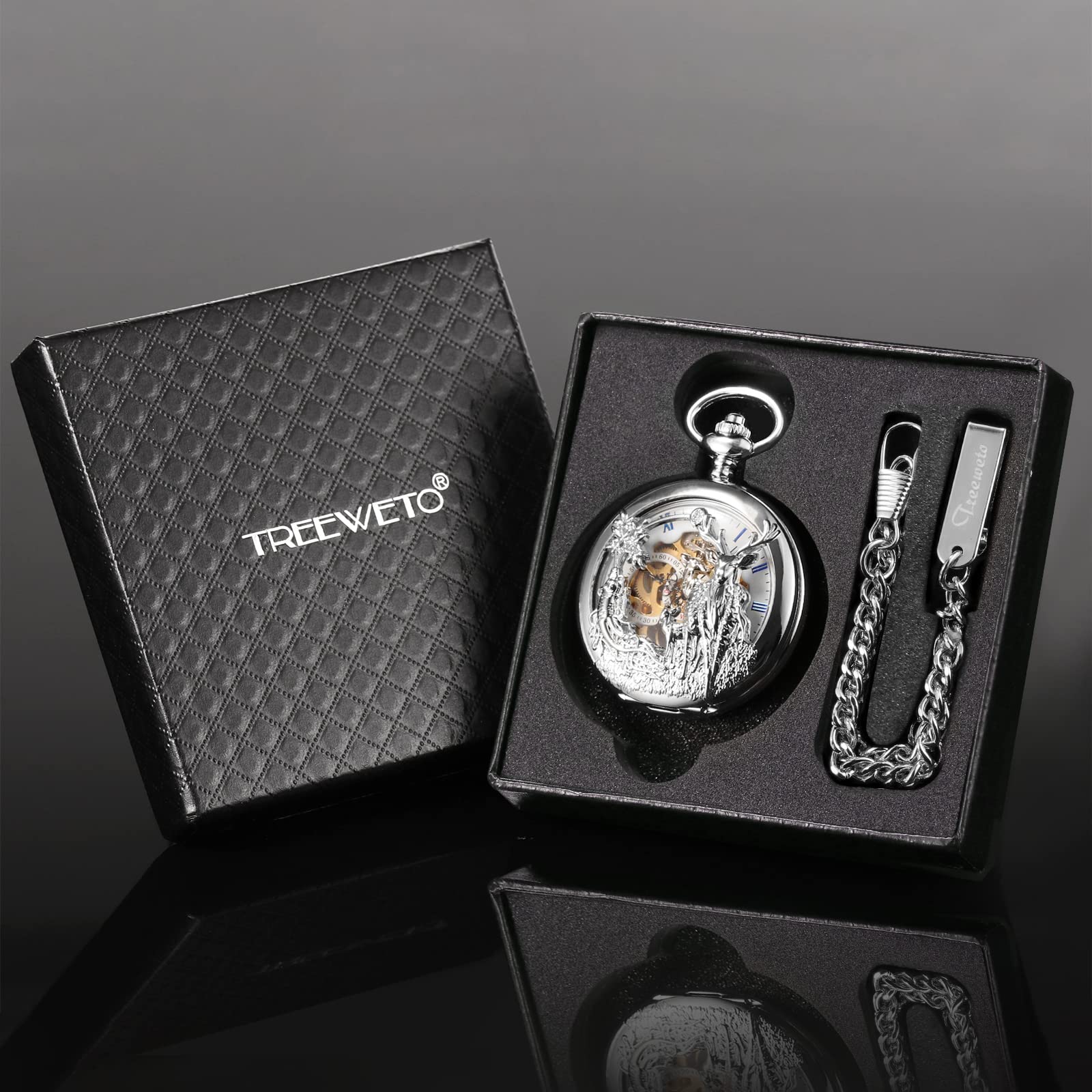 TREEWETO Unisex Taschenuhr Analog Handaufzug Retro Rentier Skelett Römische Taschenuhren mit Kette für Herren