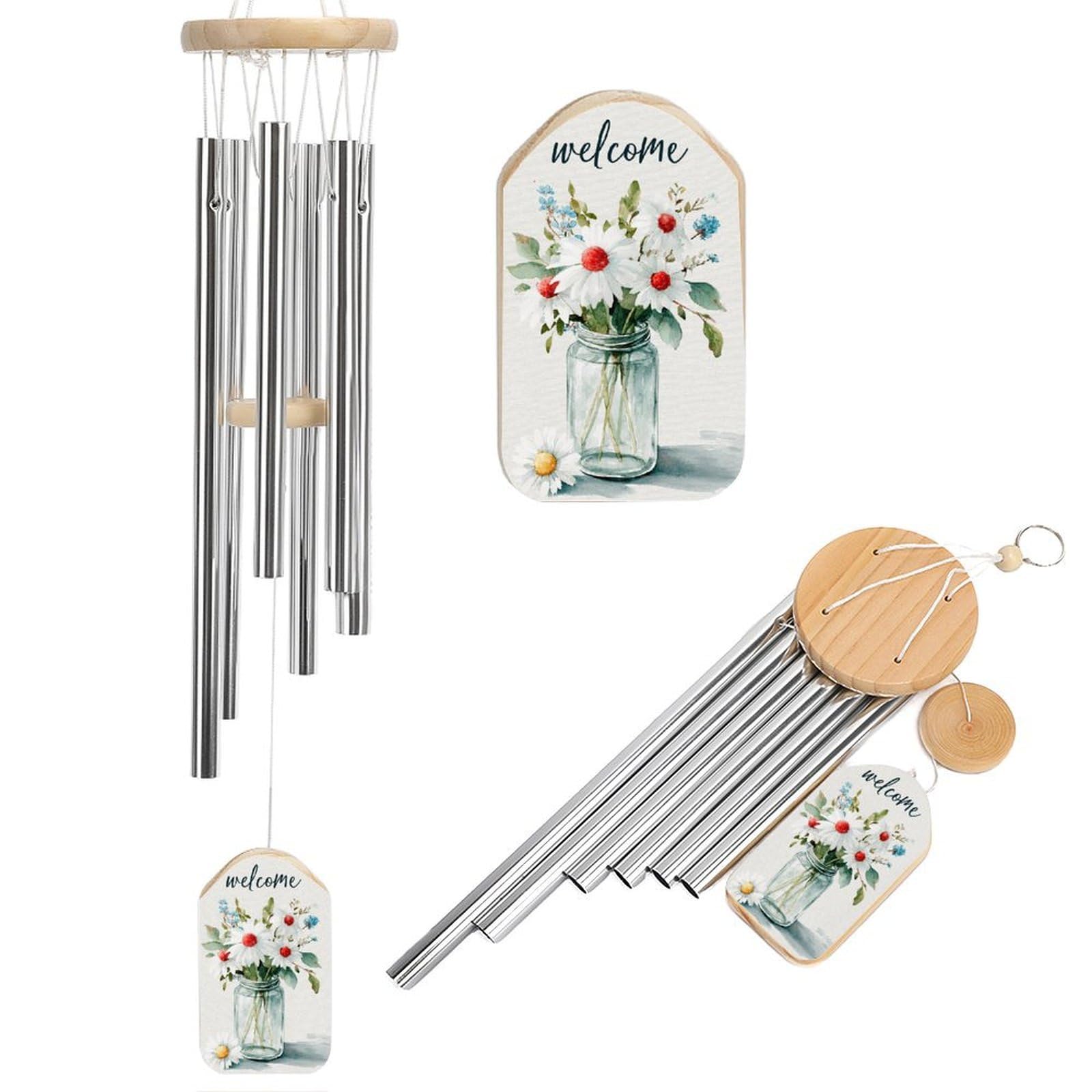 Clear Glass Jar Holding Bouquet of White Daisies Wind Chimes Memorial Deep Tone Windchime with 6 Aluminum Tubes Outdoor Backyard Garden Decoration