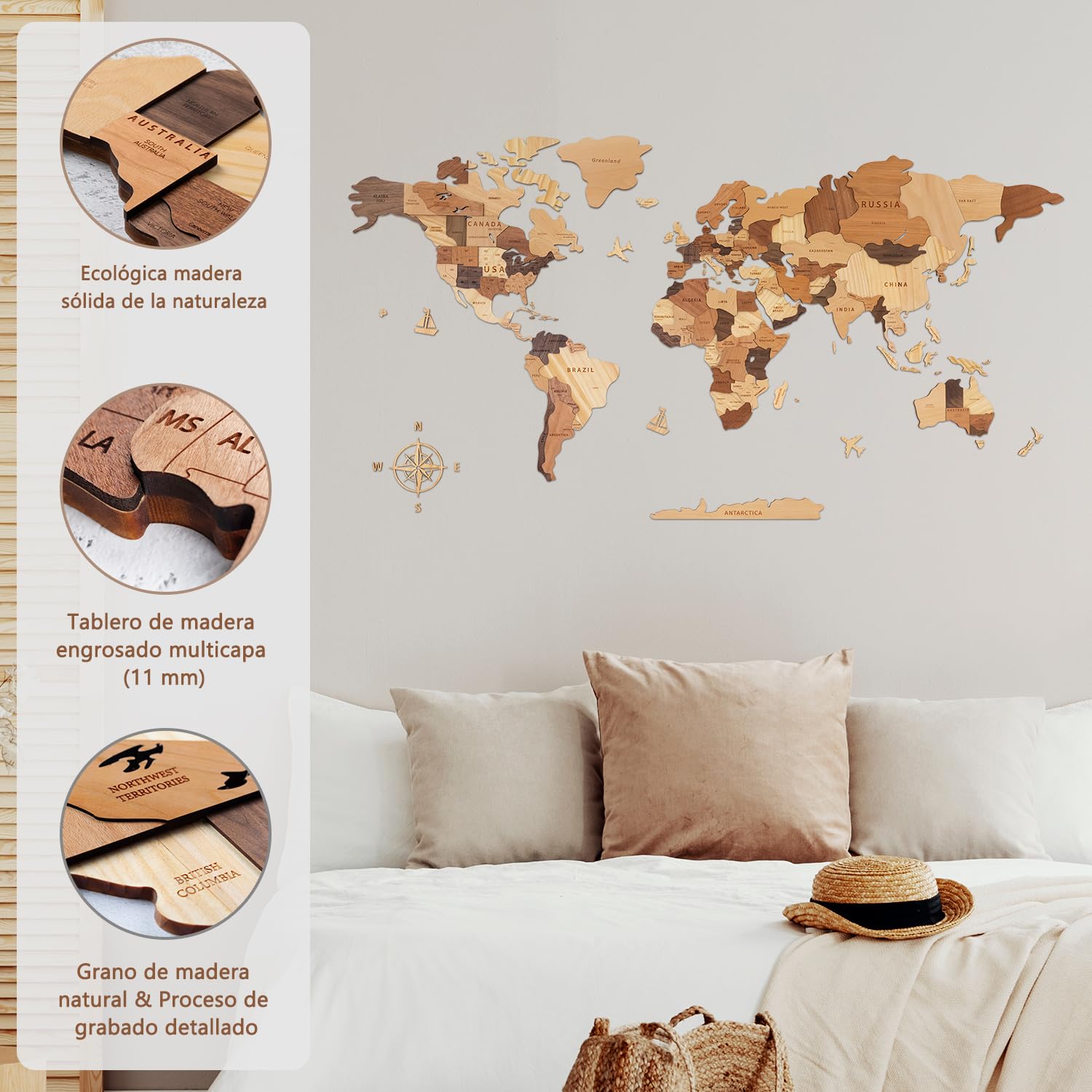 Creawoo Mapa del Mundo 3D de Madera para Decoración de Pared, Grande Mapamundi Maciza Natural Multicapa Arte de Pared para Oficina Sala de Estar Dormitorio, Mapamundi de Viaje de Madera-150x85cm