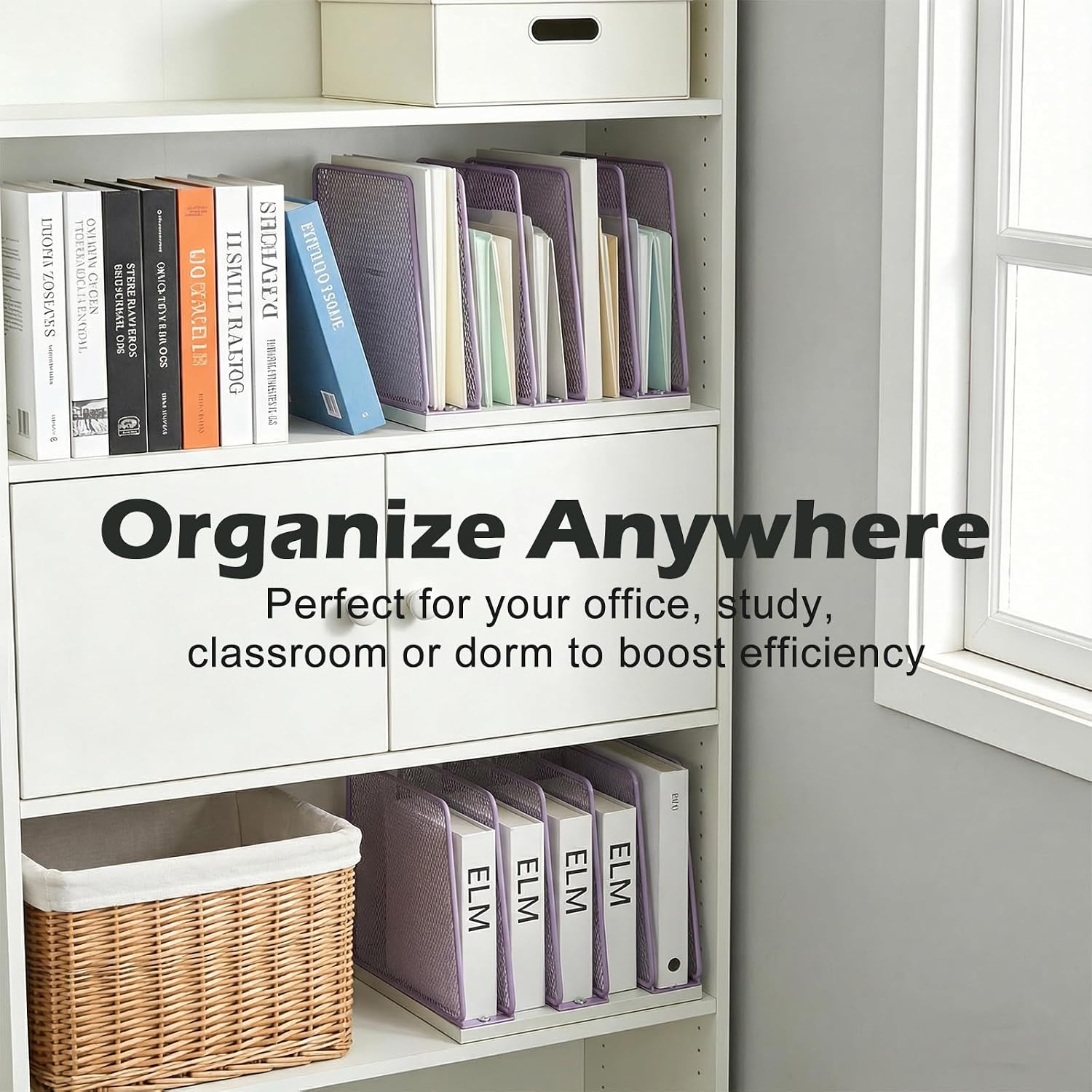 AUPSEN 5-Section File Organizer for Desk, Wood Mesh Desktop File Organizer, File Sorter Storage Rack, Vertical Folder Holder for Files, Magazines, Books (Purple)