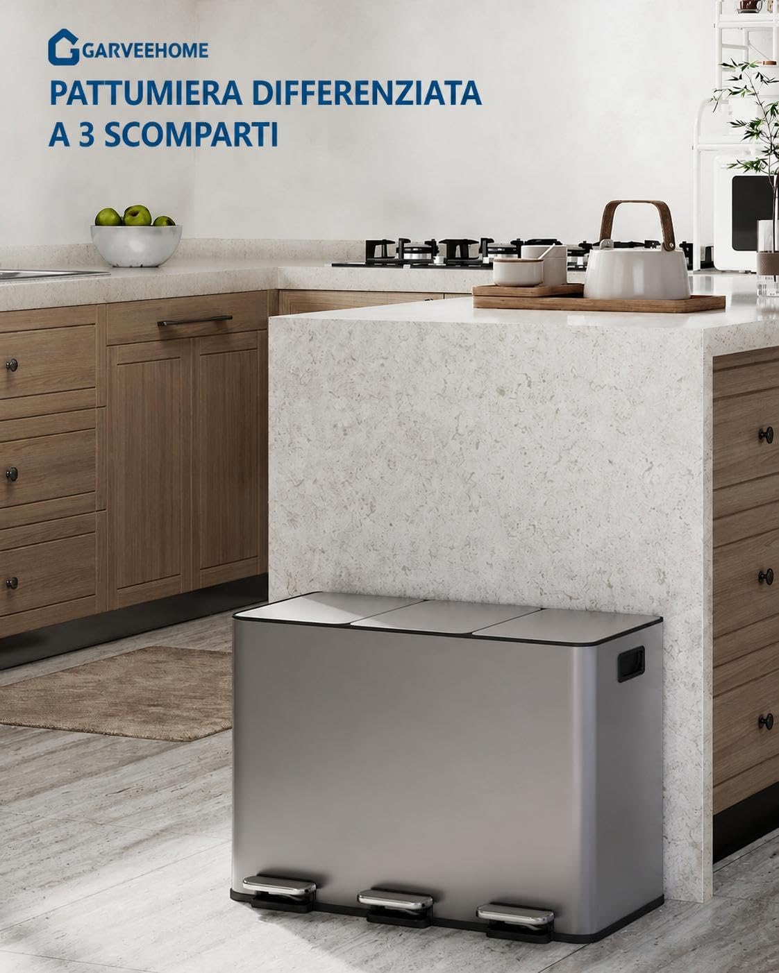 GarveeHome Pattumiera da cucina 3 scomparti 45L (3x15L)