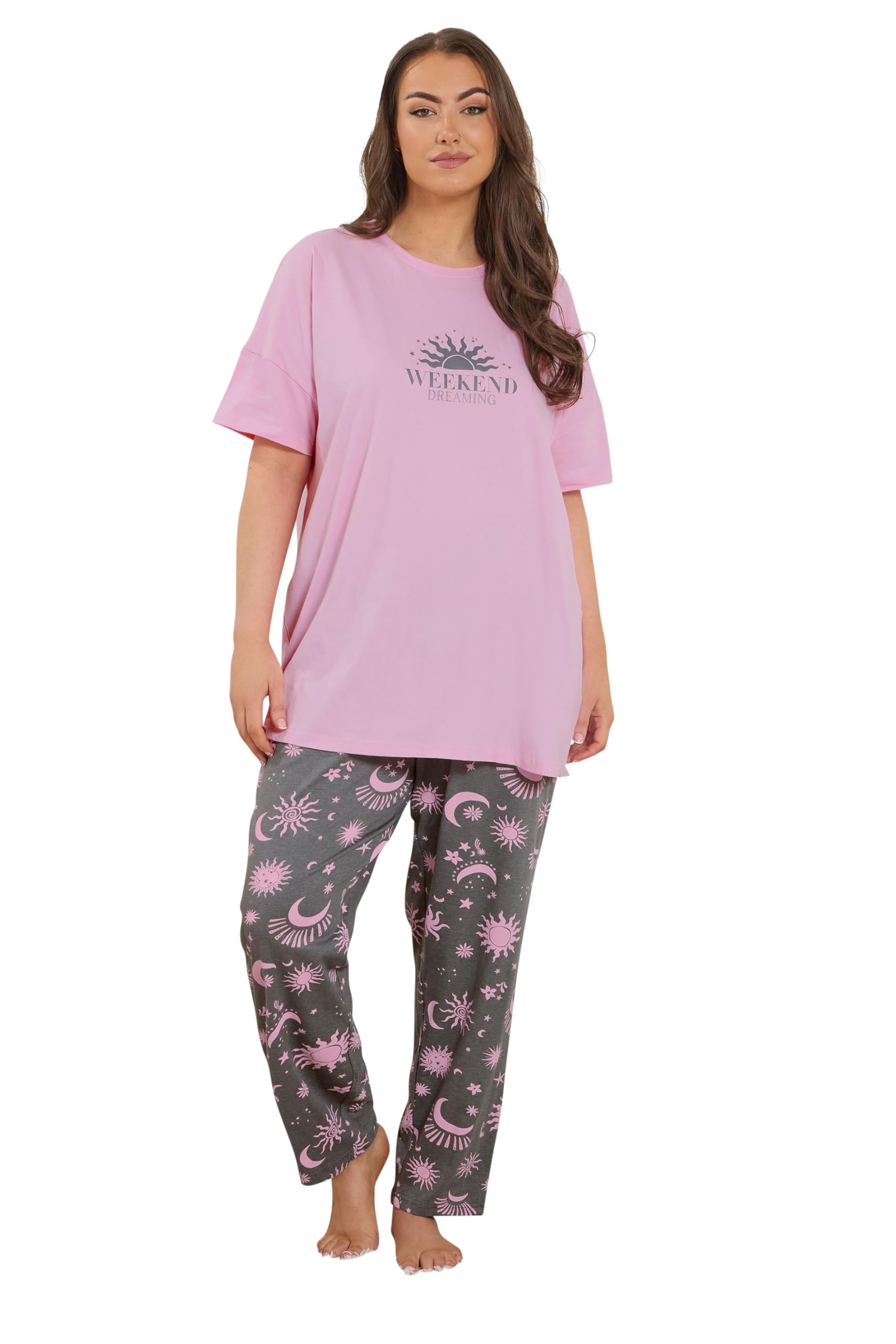 Yours Women's Baby Pink Curve Pink & Grey 'Weekend Dreaming' Pyjama Set - Plus Size Curve