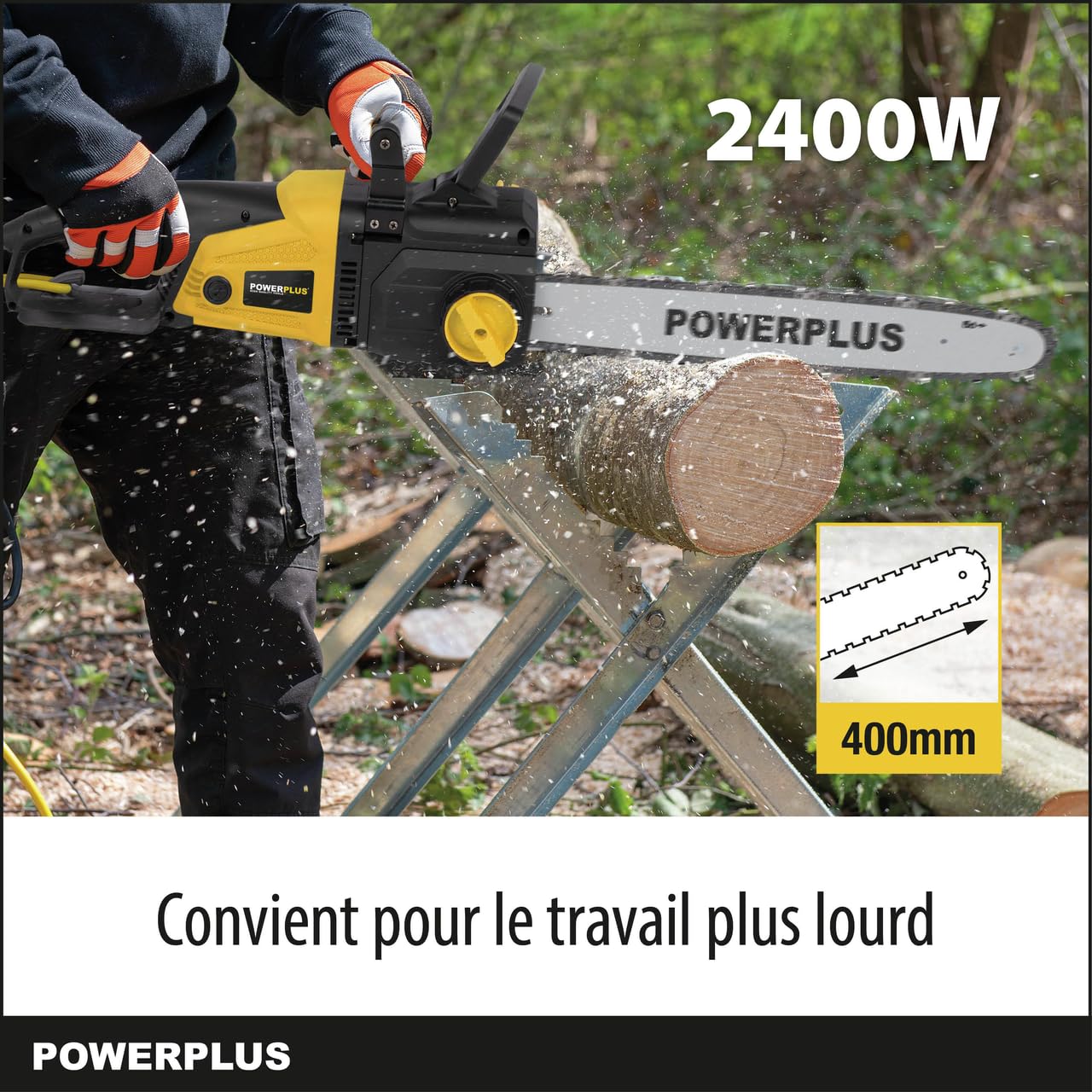 Powerplus Tronçonneuse Électrique POWXG1009 - Élagueuse Électrique de 2400 W, Guide de 400 mm, Lubrification Automatique de Chaîne, Outillage de Jardin