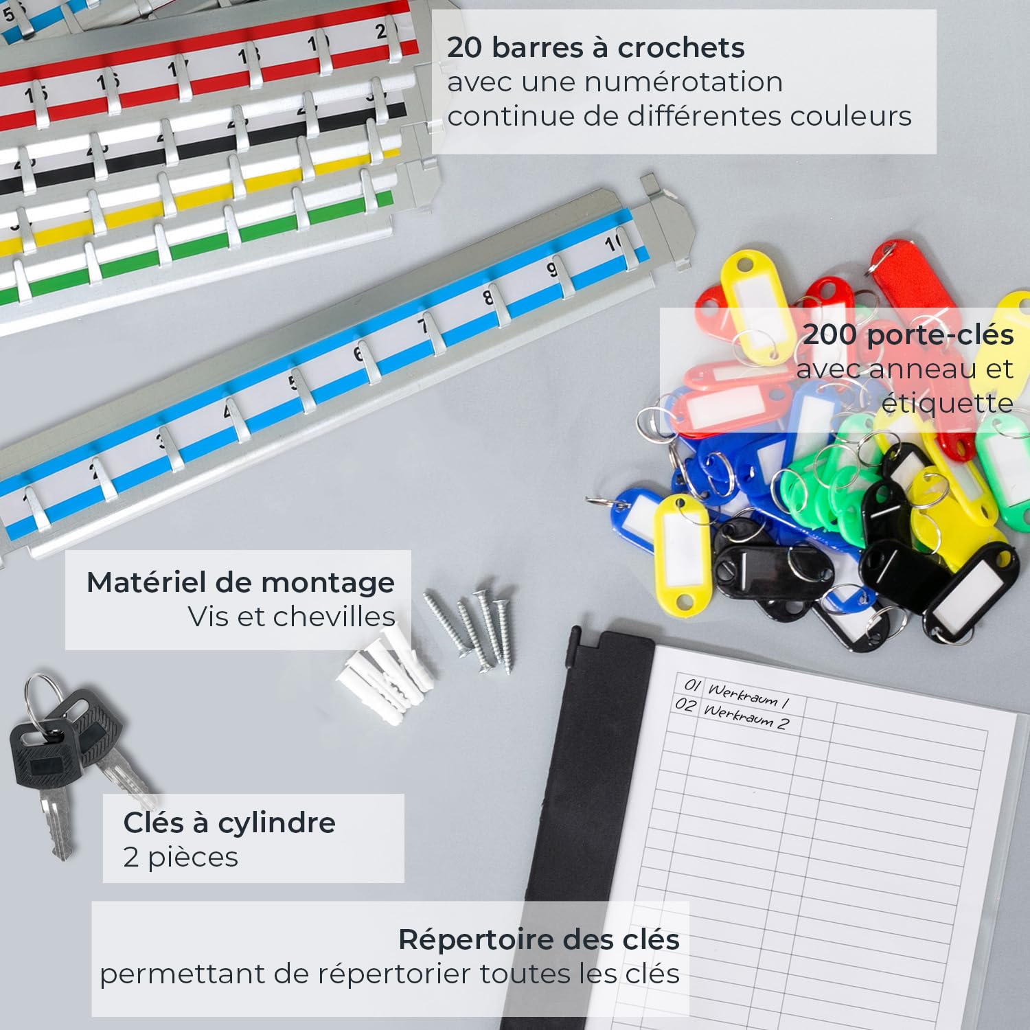 HMF Armoire à clés Grande capacité en Acier, Boite a Clef Murale verrouillable pour Bureau, Administration ou Parc Automobile | 200 Crochets à clés | 55 x 38 x 14 cm | Noir