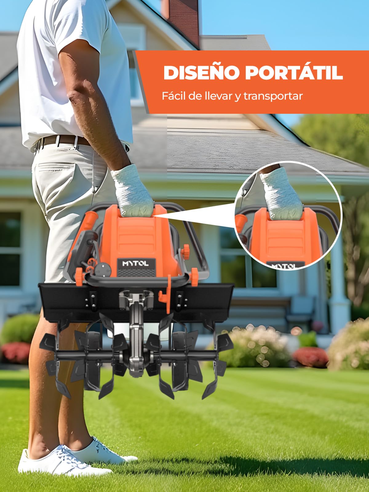 Motoazada 1500W, Ancho de Trabajo 45cm, Profundidad 22cm, Motocultor Ligera con 6×4 Púas de Acero Resistente, Mango Plegable, Doble Botón de Seguridad, Protección contra Sobrecalentamiento