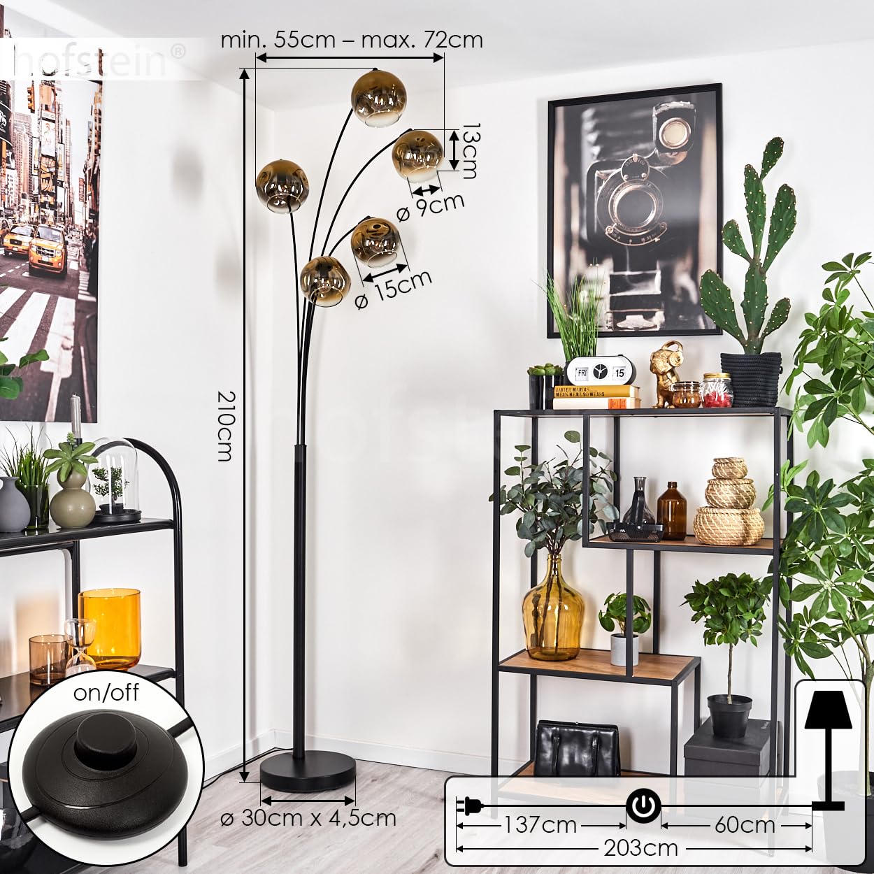 Ripoll Staande Lamp – Zwart/amber Glas, 210 Cm Hoog, Retro Design, Met Voetschakelaar, 3x E14 (excl. Lampen) 2 miniatura