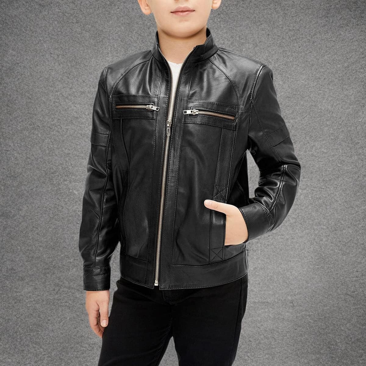 Xtreem Boys Leather Jacket - Classic Motorcycle Style Genuine Sheepskin Kids Moto Jacket