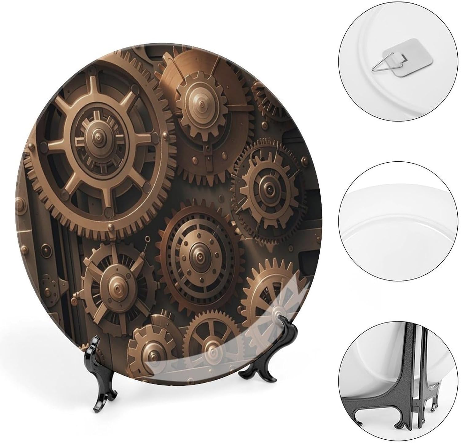 Steampunk Mechanical Gears Decorative Ceramic Plate Round Porcelain Plate Decor Personalized Bone China Decorative Plates Ceramic Ornaments Dessert Plates with Display Stand 8inch