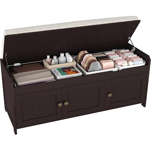 HOMEFORT 41.3" Shoe Bench with Lift Top Storage, Entryway Bench with Cushioned Seat, Wooden End of Bed Bench, Shoe Cabinet Bench with Hidden Storage Space, for Bedroom, Hallway,Espresso