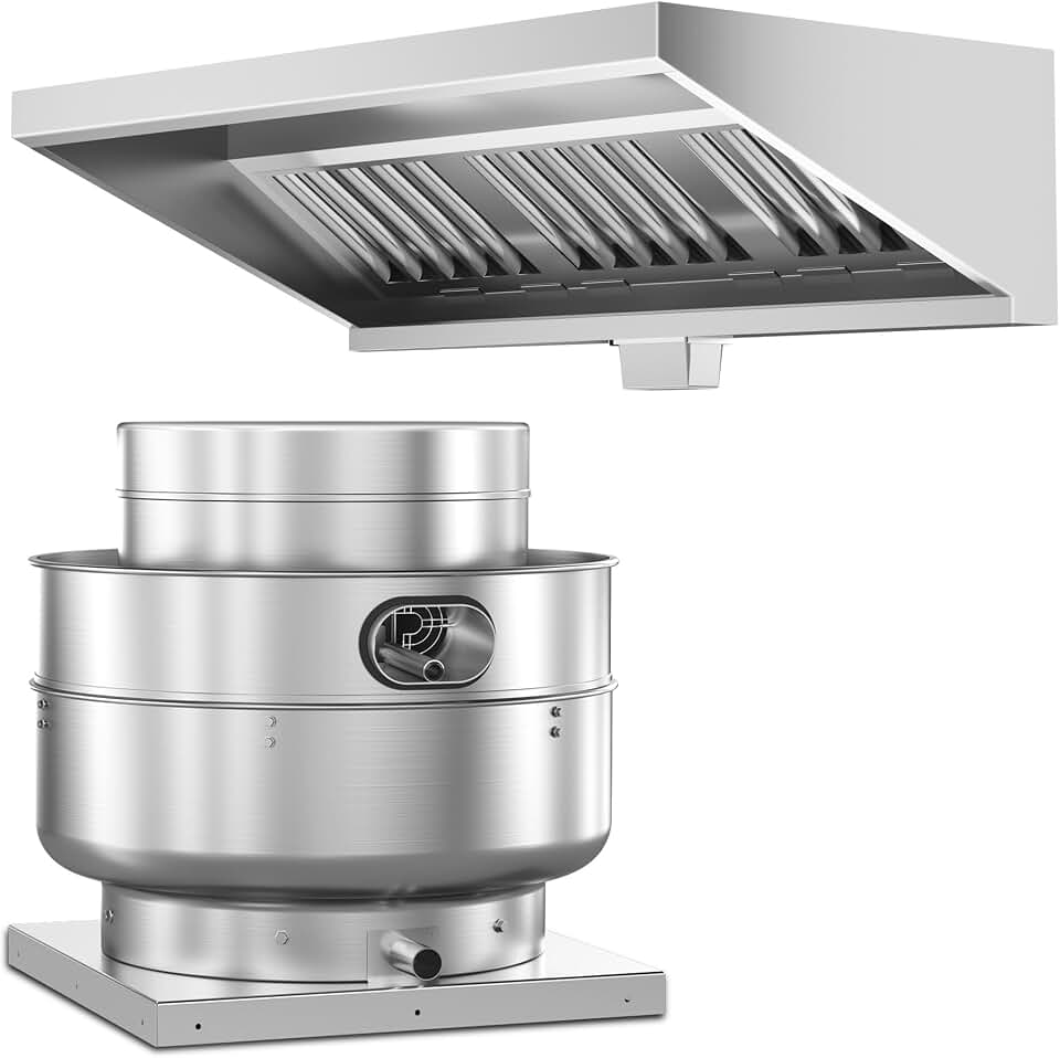 Food Truck Low Profile Exhaust Hood System Includes a 8FT Commercial Kitchen Exhaust Hood and an 1HP Restaurant Hood Grease Rated Roof Exhaust Fan