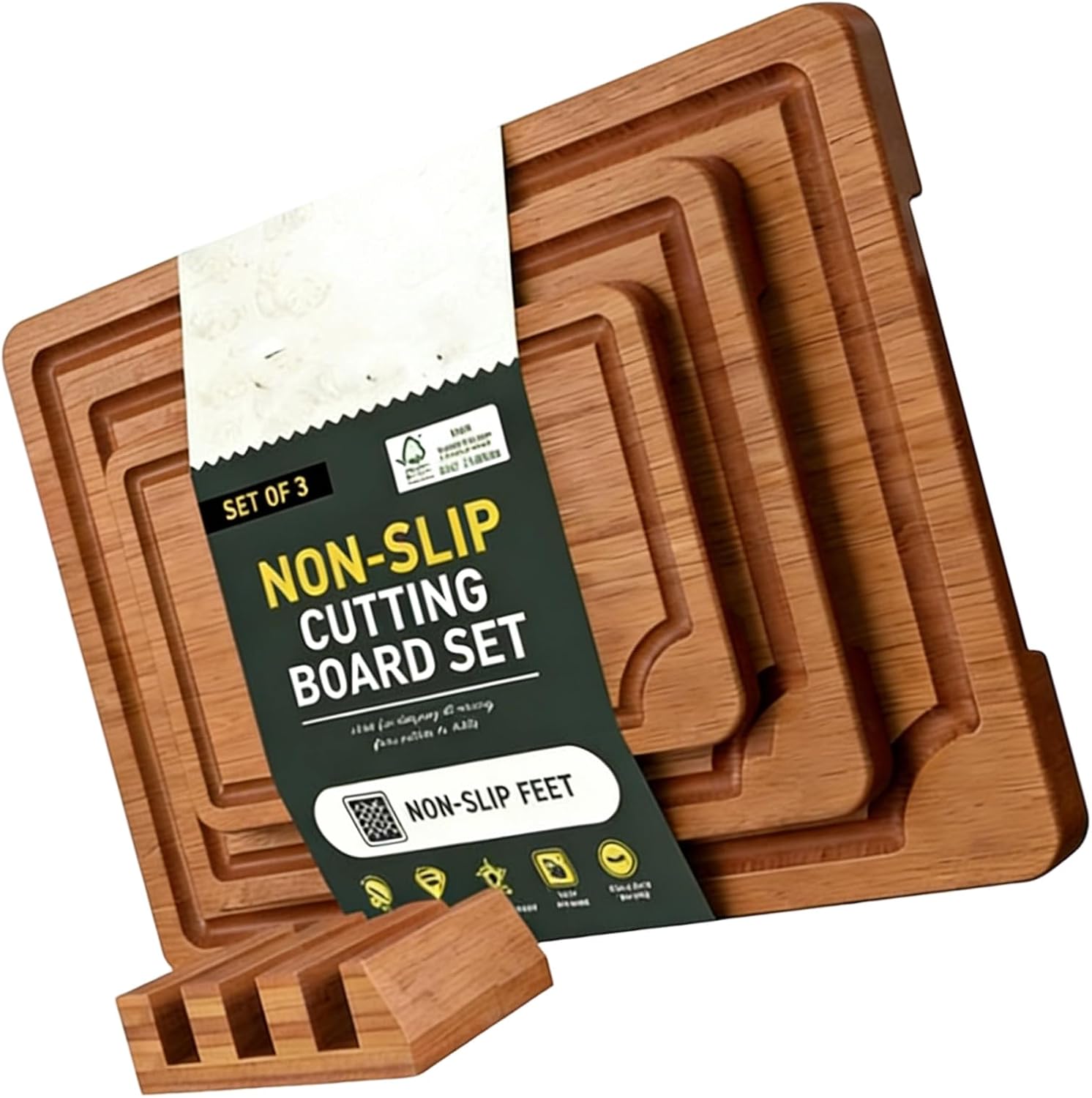 3pcs Natural Cutting Board Set for Fruits Vegetables Meat Nonslip Design, Kitchen Essential Meat Cutting Board