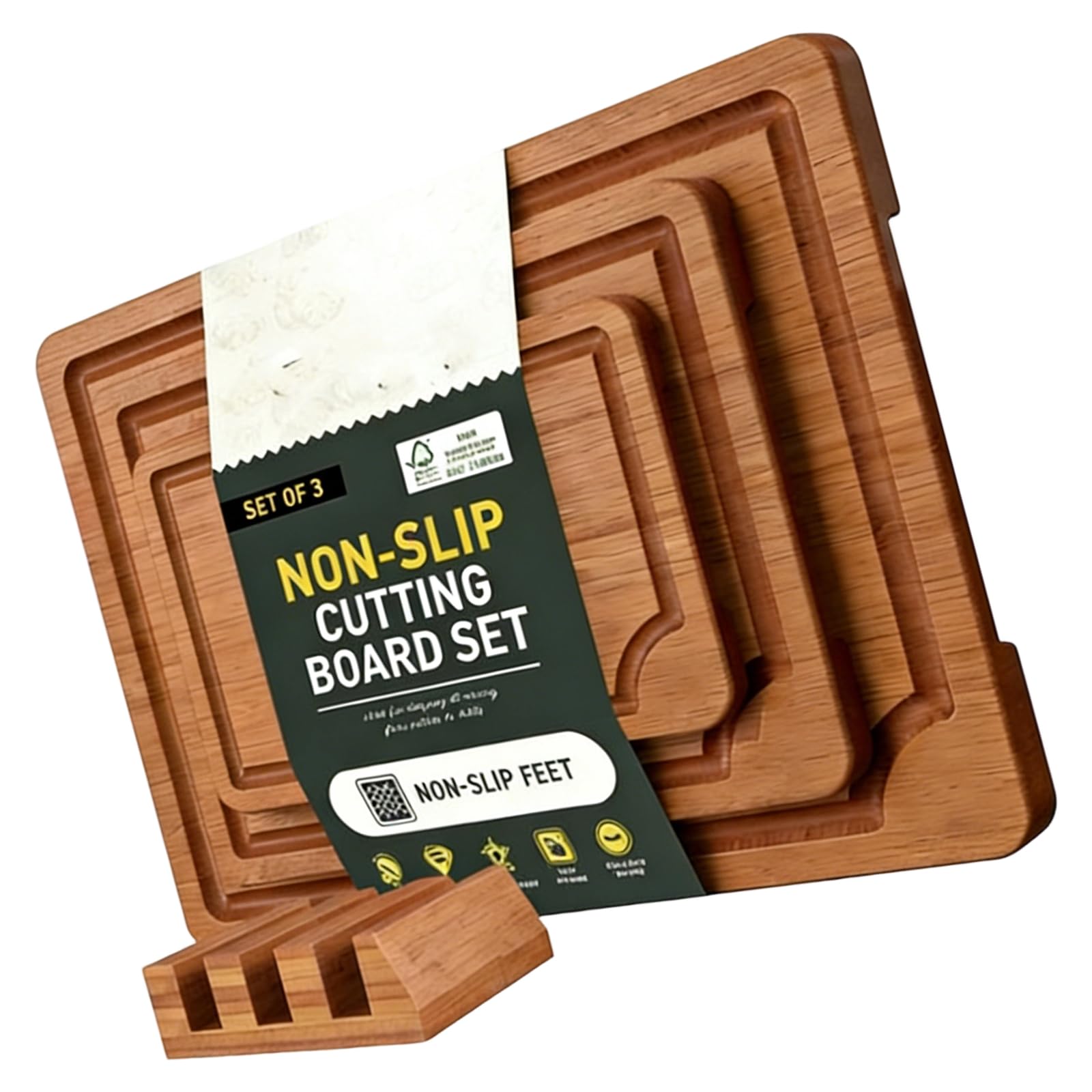 Juego de tablas de cortar de bambú natural de 3 piezas para frutas, verduras y carne, cocinas modernas, esenciales con tabla de cortar de diseño antideslizante