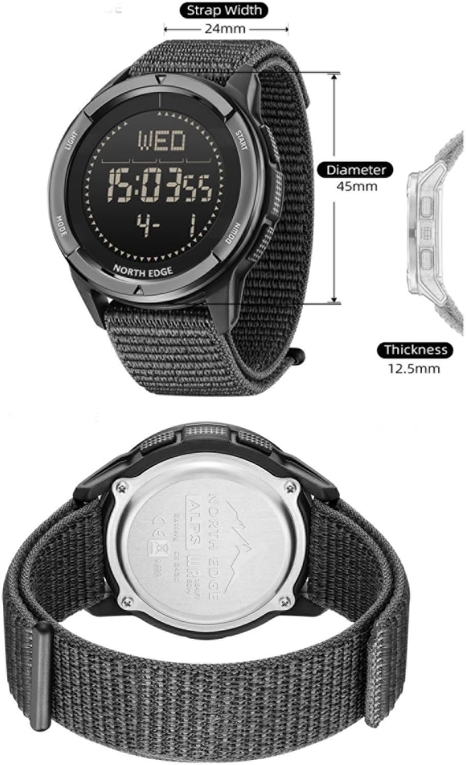 Carbon Fiber Digital Watch with Compass, Ultra-Lightweight Military Tactical Watch for Men, 5ATM Waterproof, Pedometer, Metronome, Waterproof 5ATM/164FT