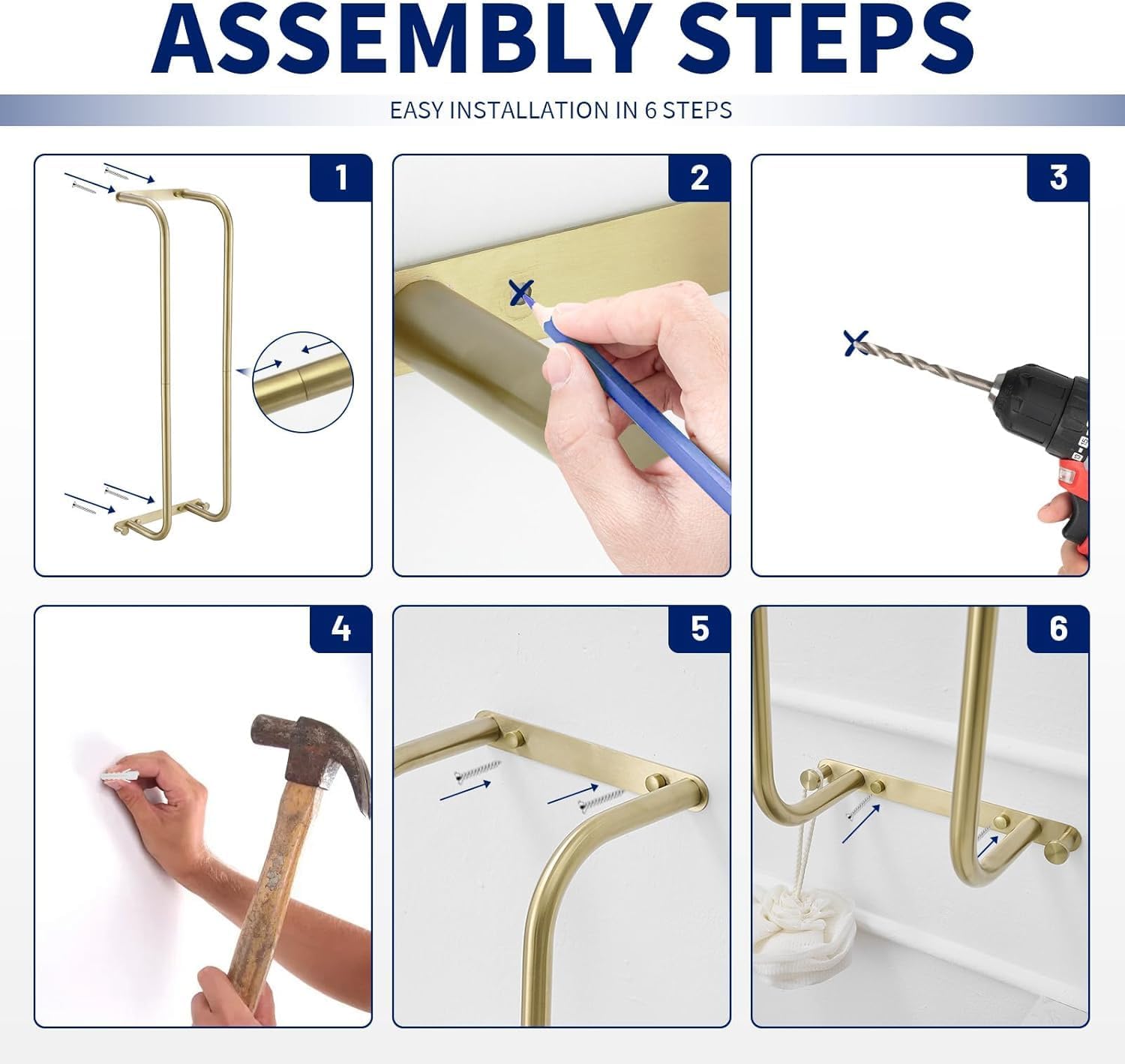BWE Brushed Gold Towel Racks for Bathroom, Wall Mounted Towel Rack for Rolled Towels, Bathroom Towel Storage, Stainless Steel Vertical Towel Holder, Bathroom Organizer