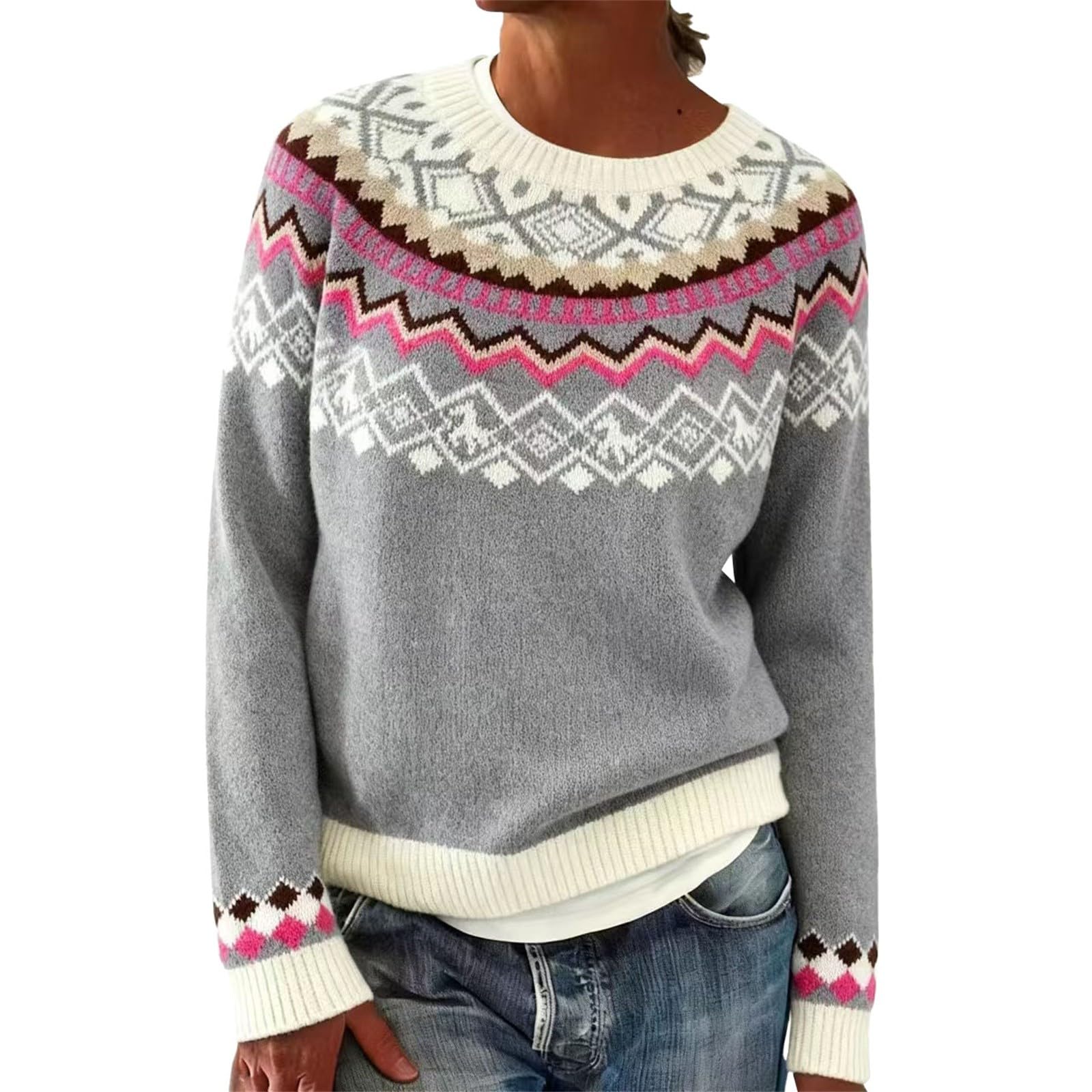 Fair Isle Sweater for Women Knit Vintage Sweater Winter Fall Loose Crewneck Christmas Sweaters Pullover Tops