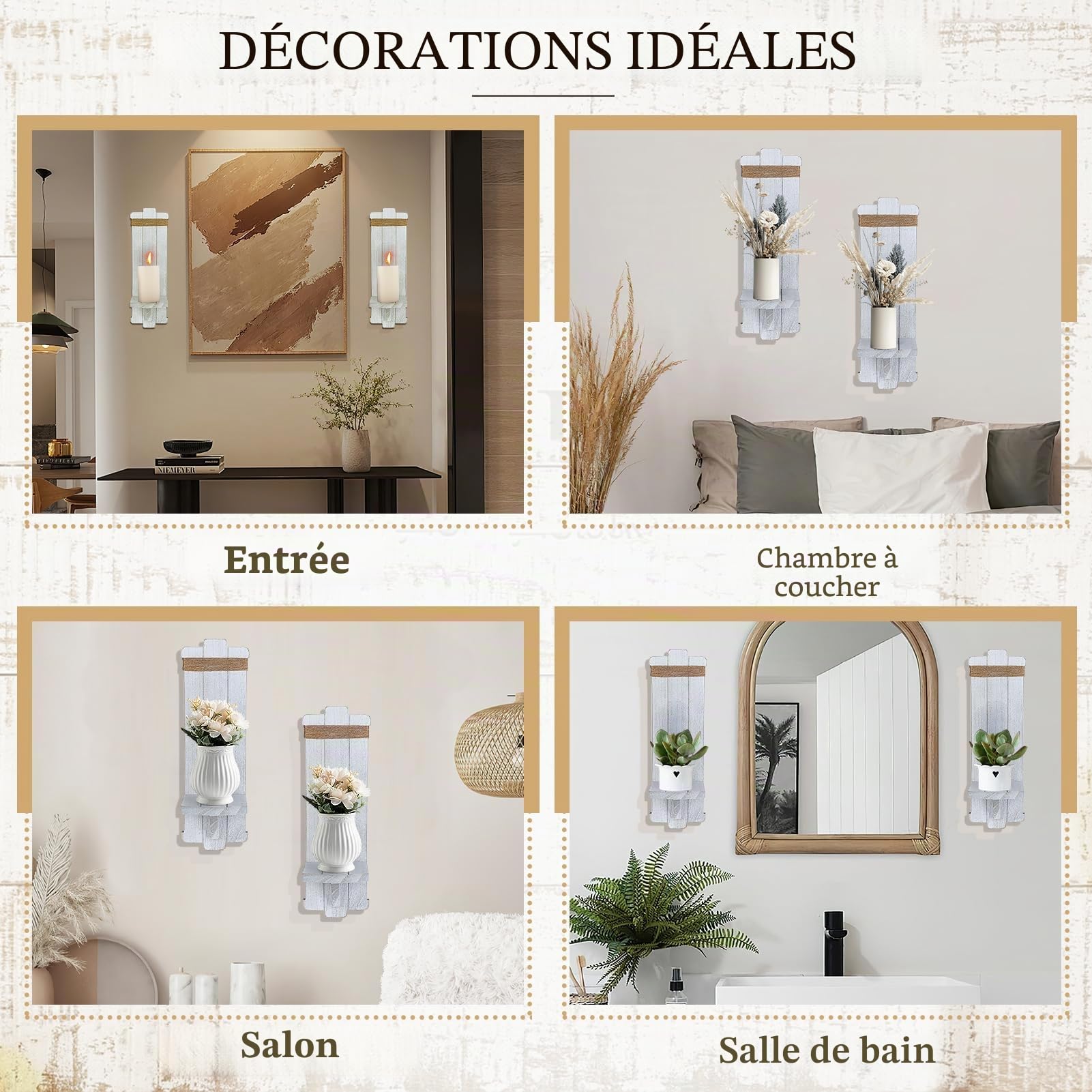 Alphatool Lot de 2 Appliques murales rustiques à Suspendre en Bois de Style Nordique pour Chambre à Coucher, Salon, Cuisine, Salle de Bain, Blanc, Gris, Noir