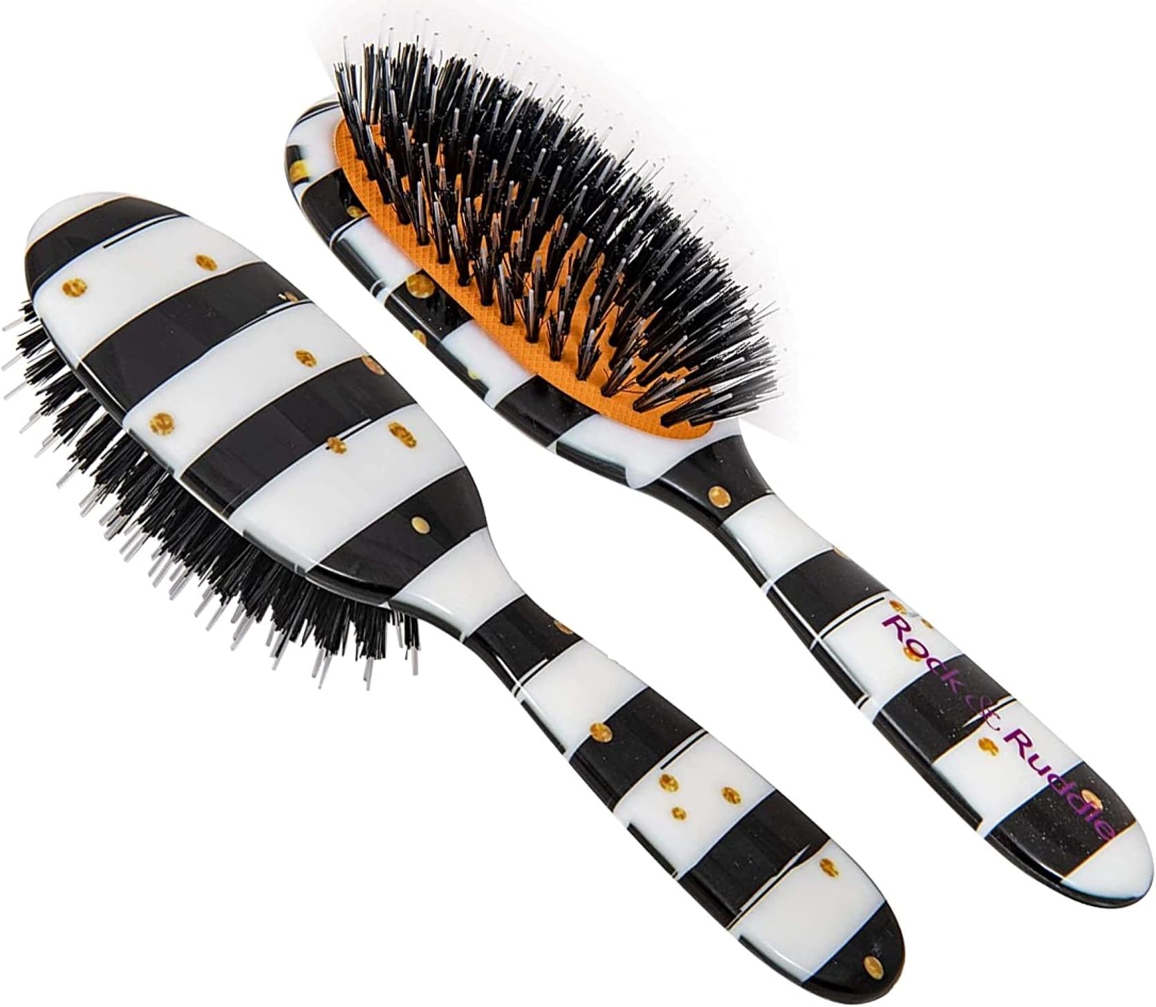 ROCK & RUDDLE Black & White Stripes with Gold Dots - Small Hairbrush