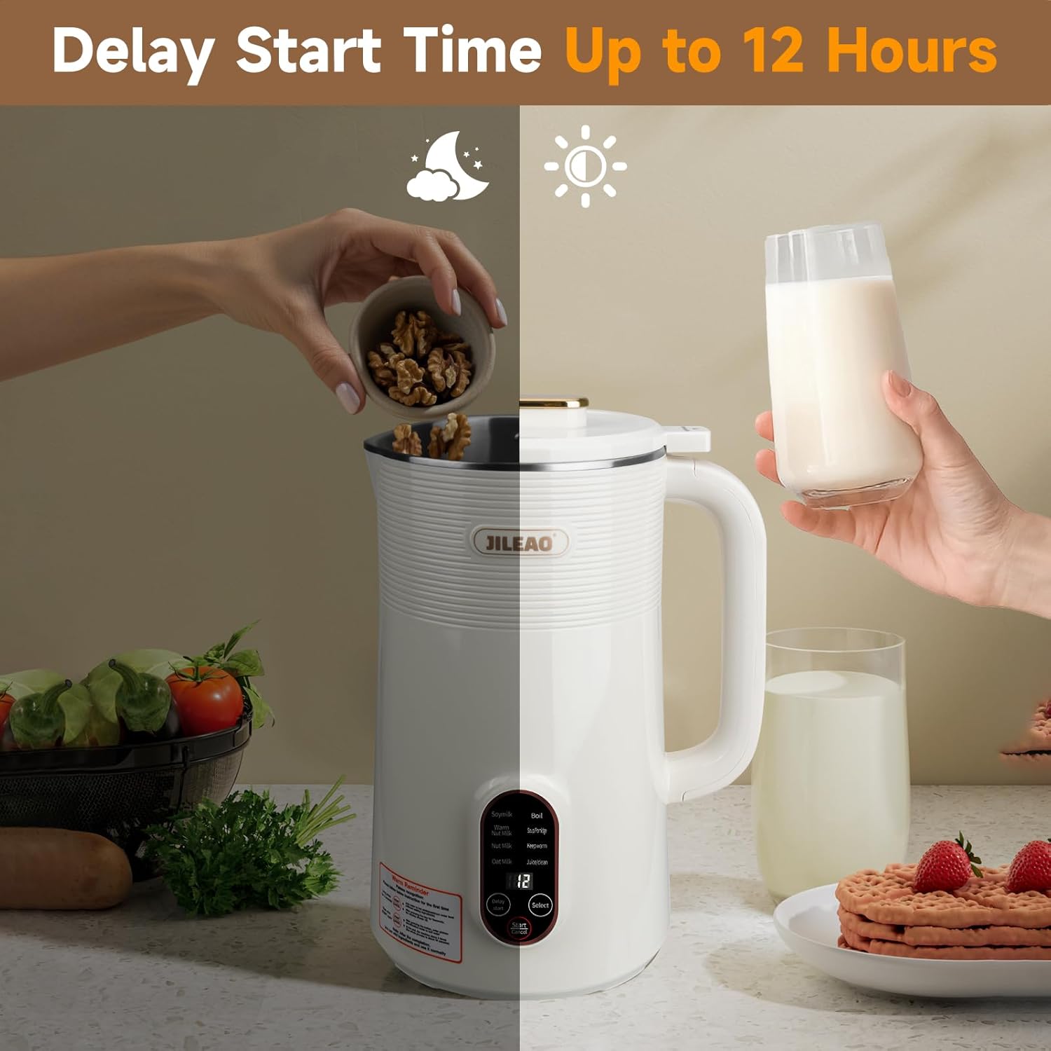 10 in 1 Almond Milk Maker & Nut Milk Maker Machine, 35oz Automatic Soy, Oat, Coconut Milk, Juice & Porridge Maker with 8 Blades, Delay Start, Keep Warm, Boil Water, Self-Cleaning, Cream