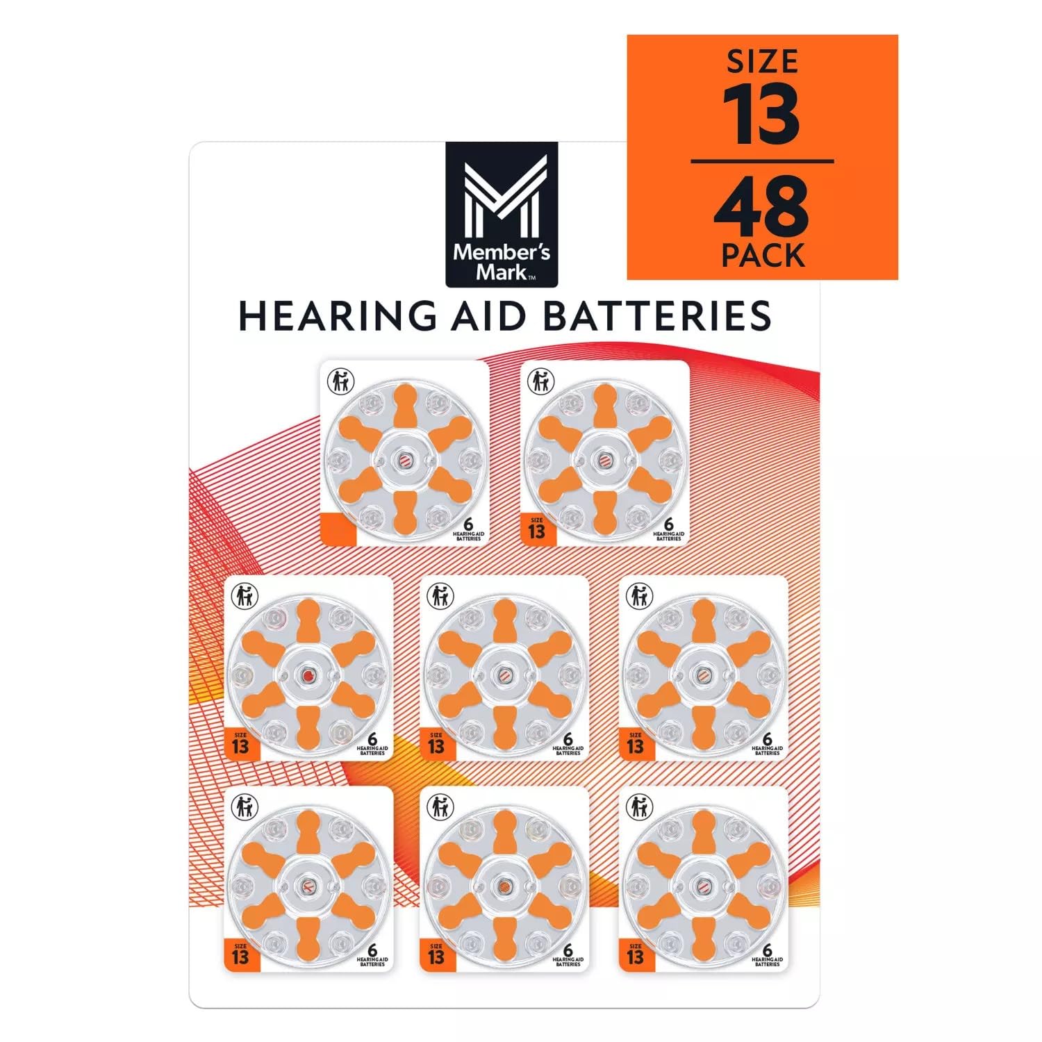 member's mark hearing aid batteries, size 13, orange tab, 48 count