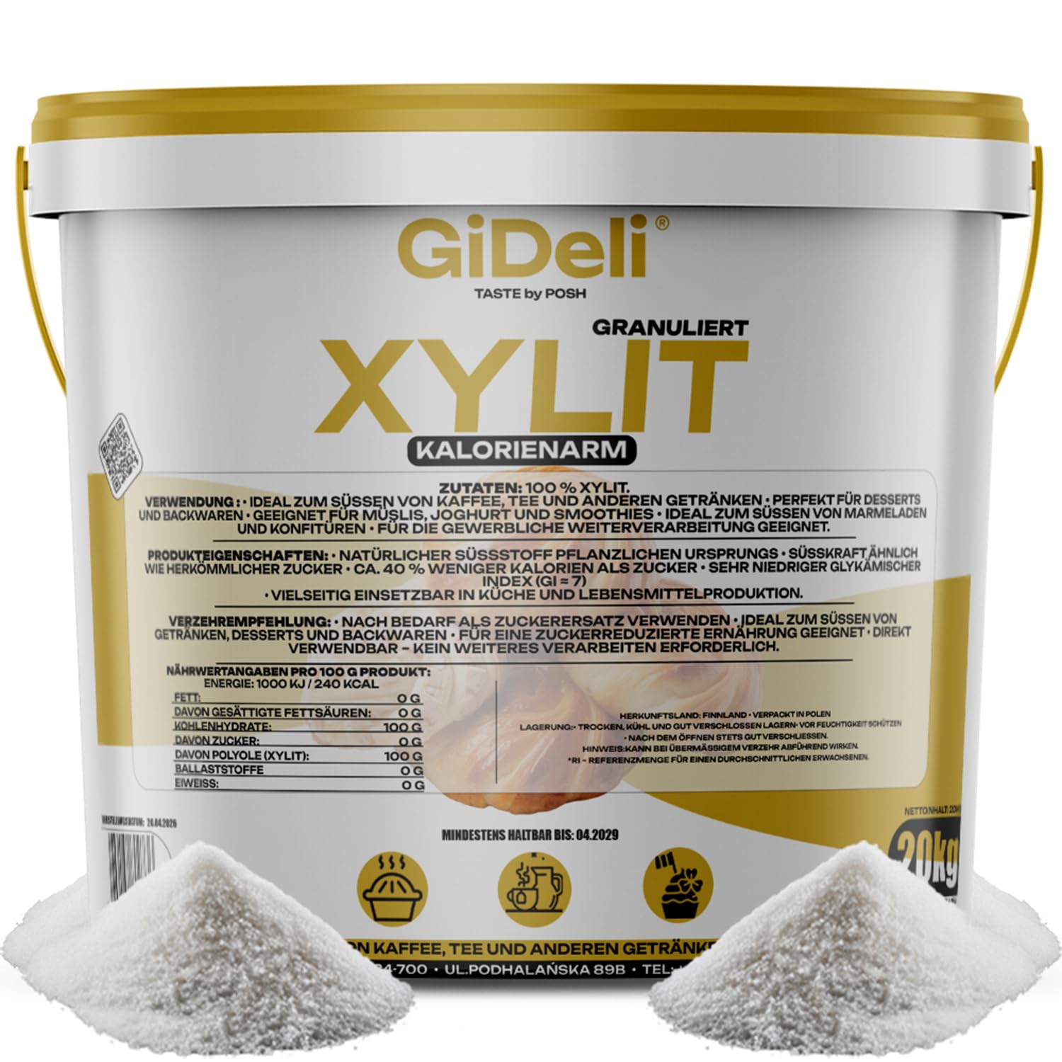 GiDeli Xylit-Zucker 20kg im Eimer - Birkenzucker aus Finnland - Enthält 40% weniger Kalorien als Standard-Süßungsmittel, das so süß wie Zucker ist, aber einen unteren glykämischen Index hat