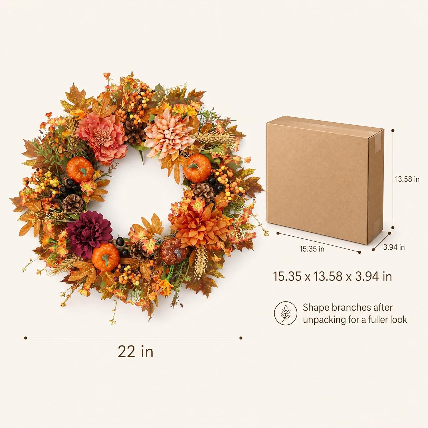 22Inch Fall Wreath for Front Door, Large Autumn Harvest Garland Decoration