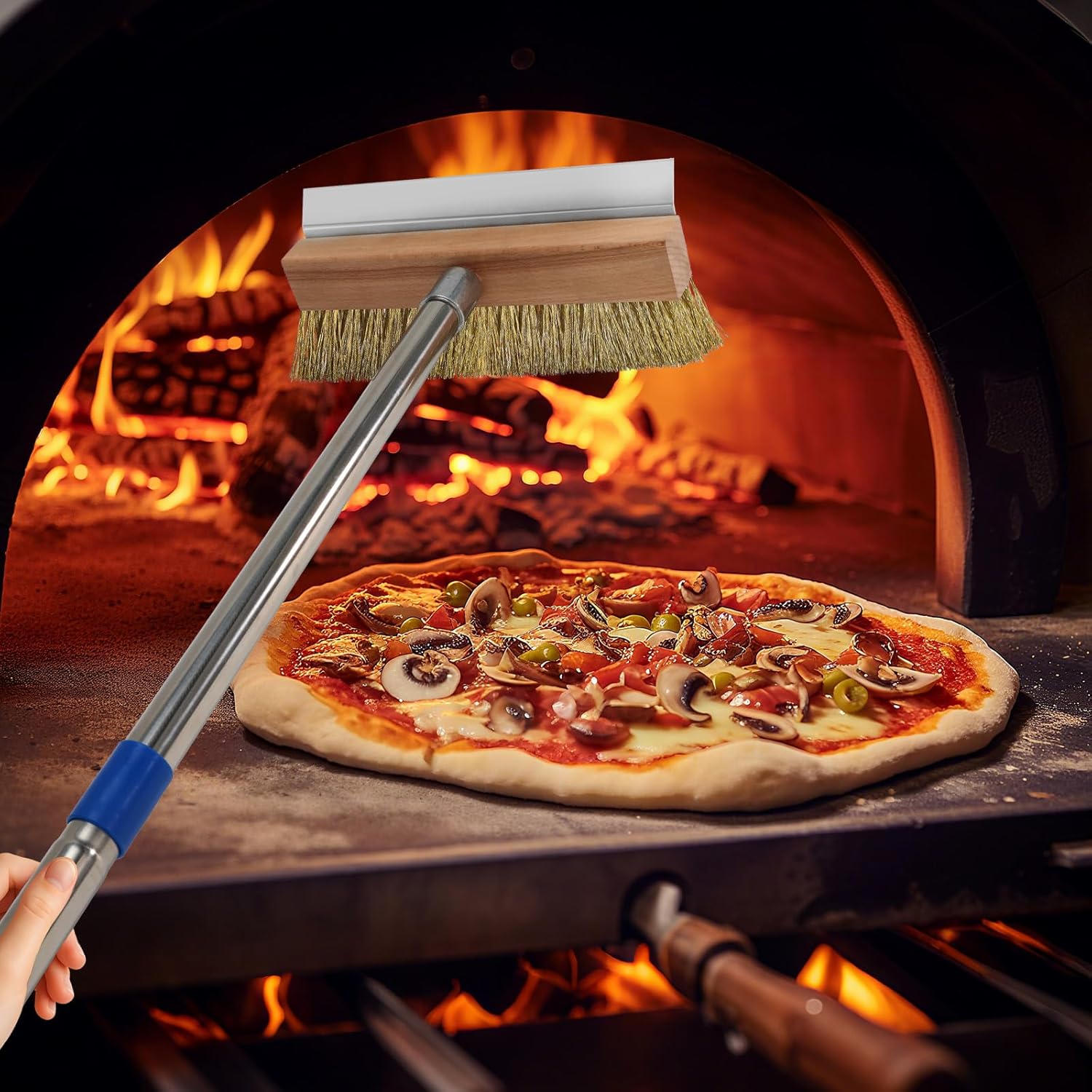 Pizza Oven Brush, Brass Wire Brushes with Scraper and Detachable 60.2inches Long Handle for Commercial Pizzaoven Cleaning, Kitchens Cleaning Brush for Restaurants, BBQ Shelf, Fireplace